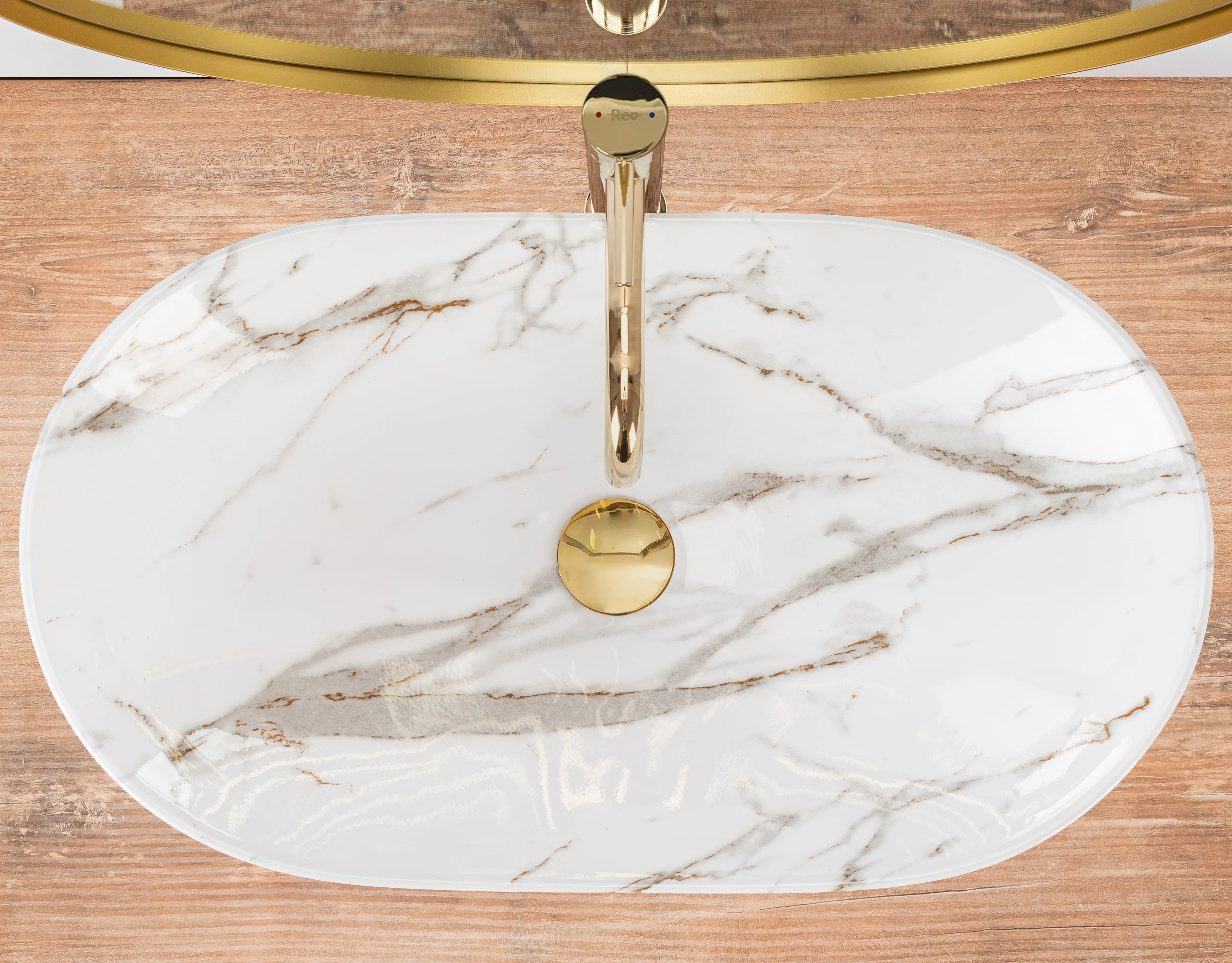 Умивалник за плот Royal Lava 60х36 см. овален дизайнерски бял с декор естествен камък и златист месинг - KERANOVA онлайн магазин