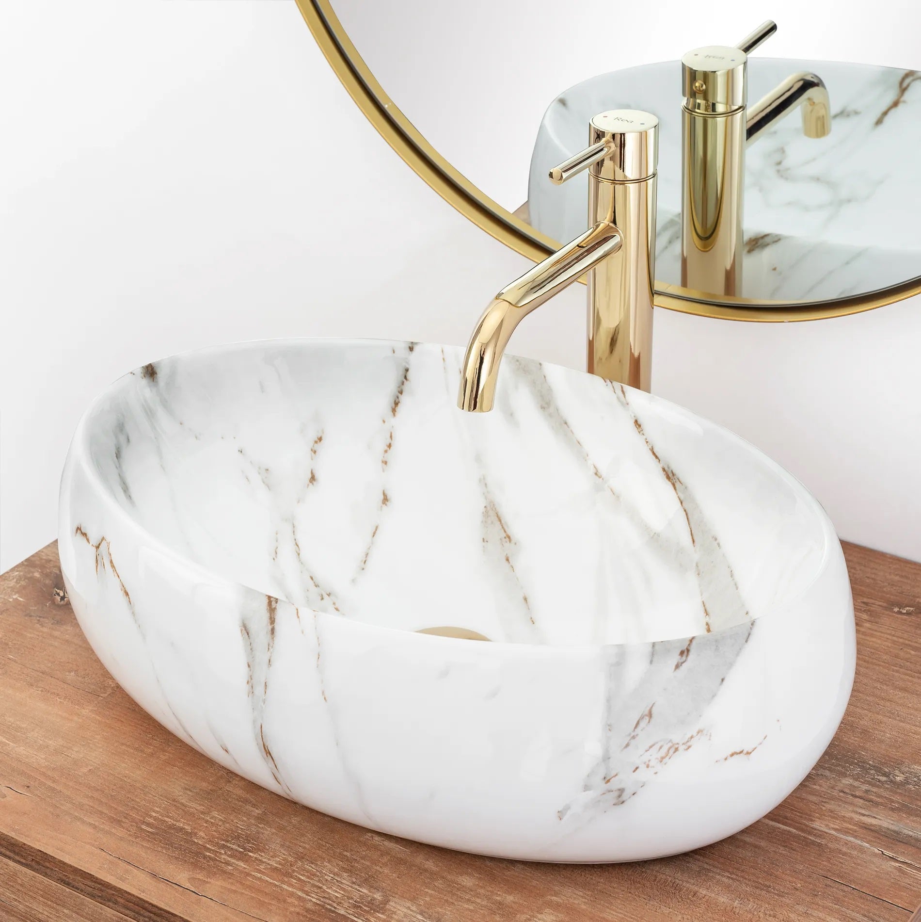 Умивалник за плот Linda Lava Shiny 49х34 см. бял гланц с декор естествен камък на плот, дизайнерски умивалник за баня KERANOVA