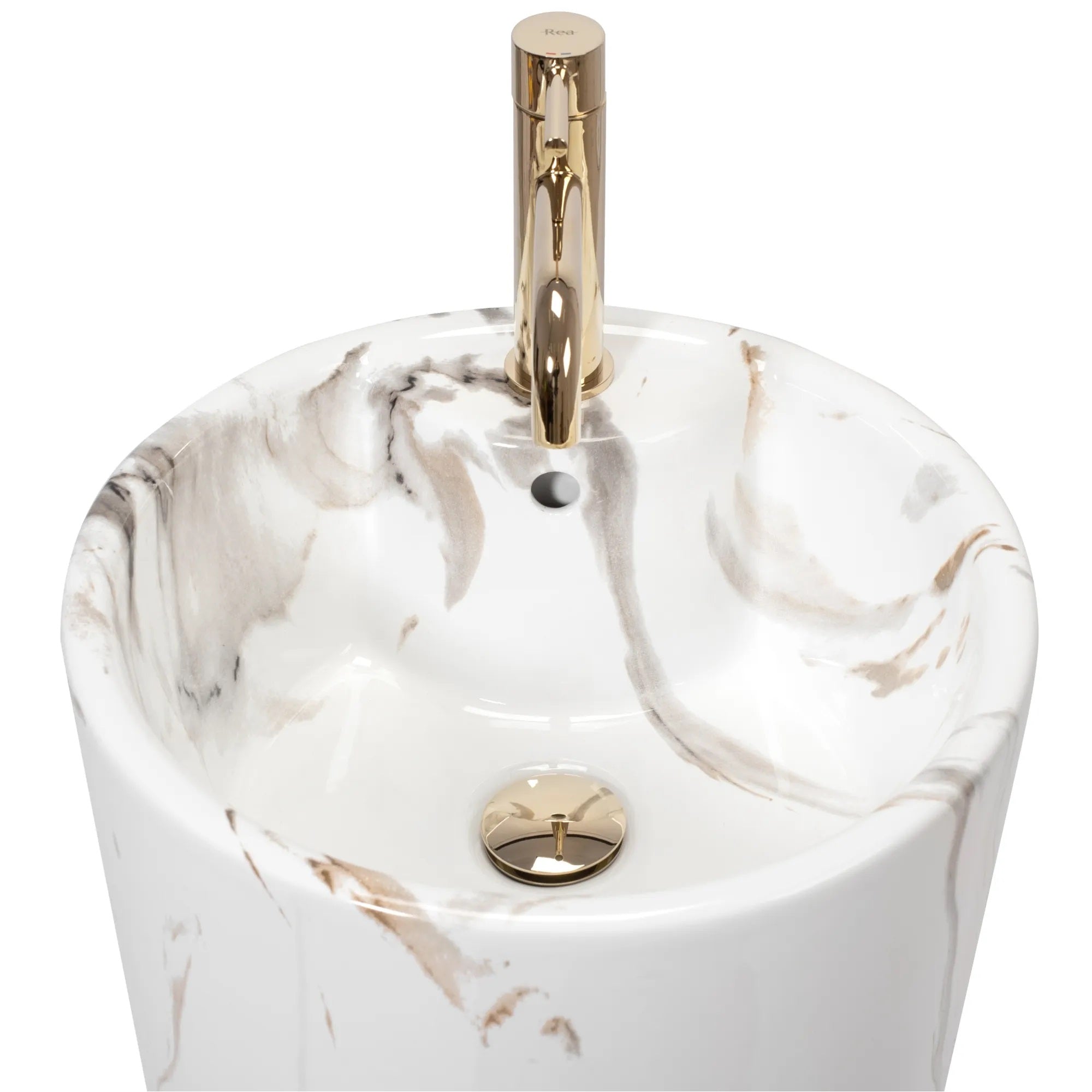 Свободностояща мивка Blanka Marble Ф40 см. монолитна порцеланова мивка с мраморен десен и златист смесител - KERANOVA онлайн магазин