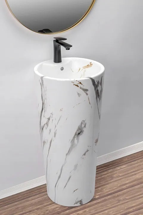 Свободностояща мивка Blanka Marble Ф40 см. монолитна порцеланова мивка с мраморен ефект за баня, онлайн магазин KERANOVA