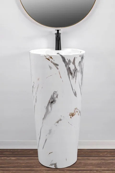 Свободностояща мивка Blanka Marble Ф40 см. – порцеланова монолитна пиедестална мивка с мраморен десен за баня | KERANOVA онлайн магазин