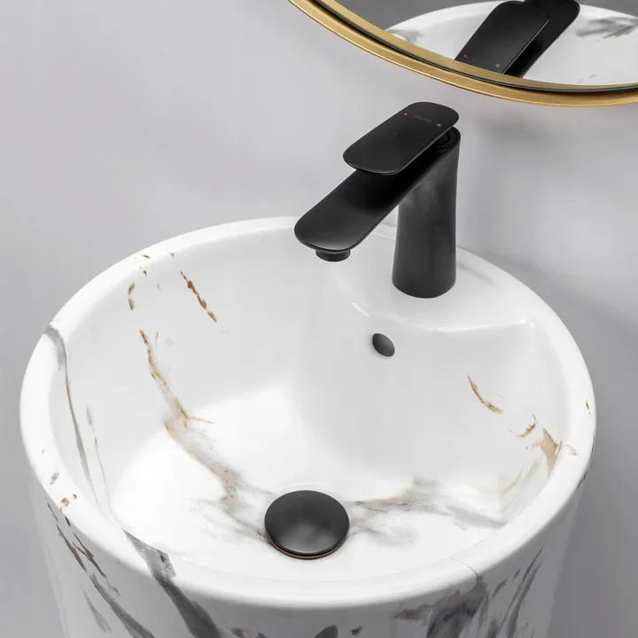 Свободностояща мивка Blanka Marble Ф40 см. - порцеланова пиедестална мивка с мраморен ефект за онлайн магазин KERANOVA