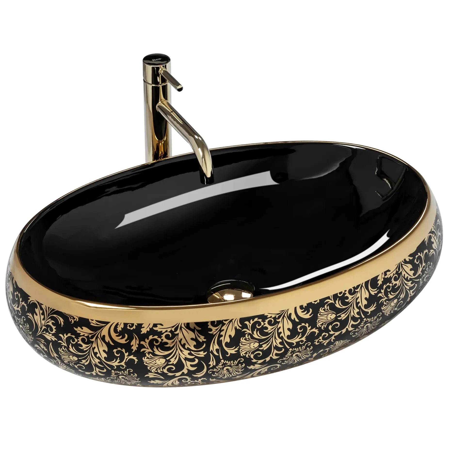 Умивалник за плот Meryl Black Gold 60х40,5 см. дизайнерски черен гланц с златни орнаменти - онлайн магазин за обзавеждане за бани KERANOVA