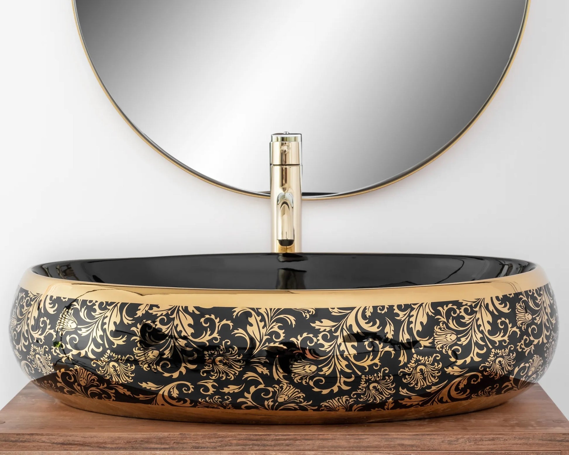 Умивалник за плот Meryl Black Gold 60х40,5 см. – дизайнерски черен гланц с златни декоративни елементи, монтаж върху плот, KERANOVA