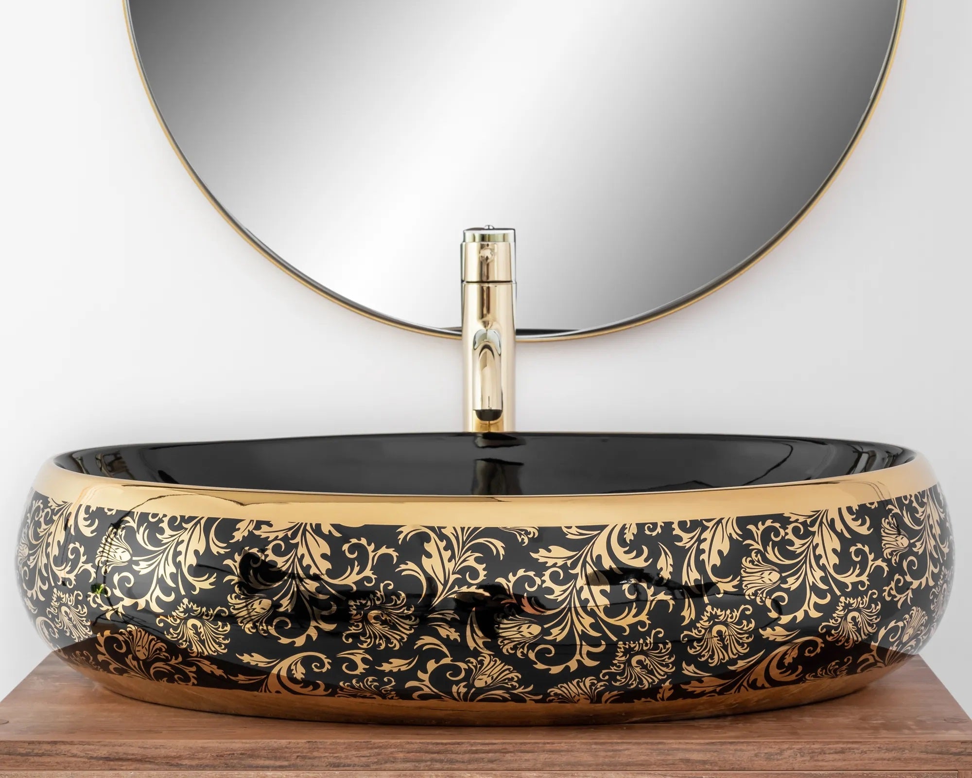 Умивалник за плот Meryl Black Gold 60х40,5 см. – дизайнерски черен гланц с златни декоративни елементи, монтаж върху плот, KERANOVA