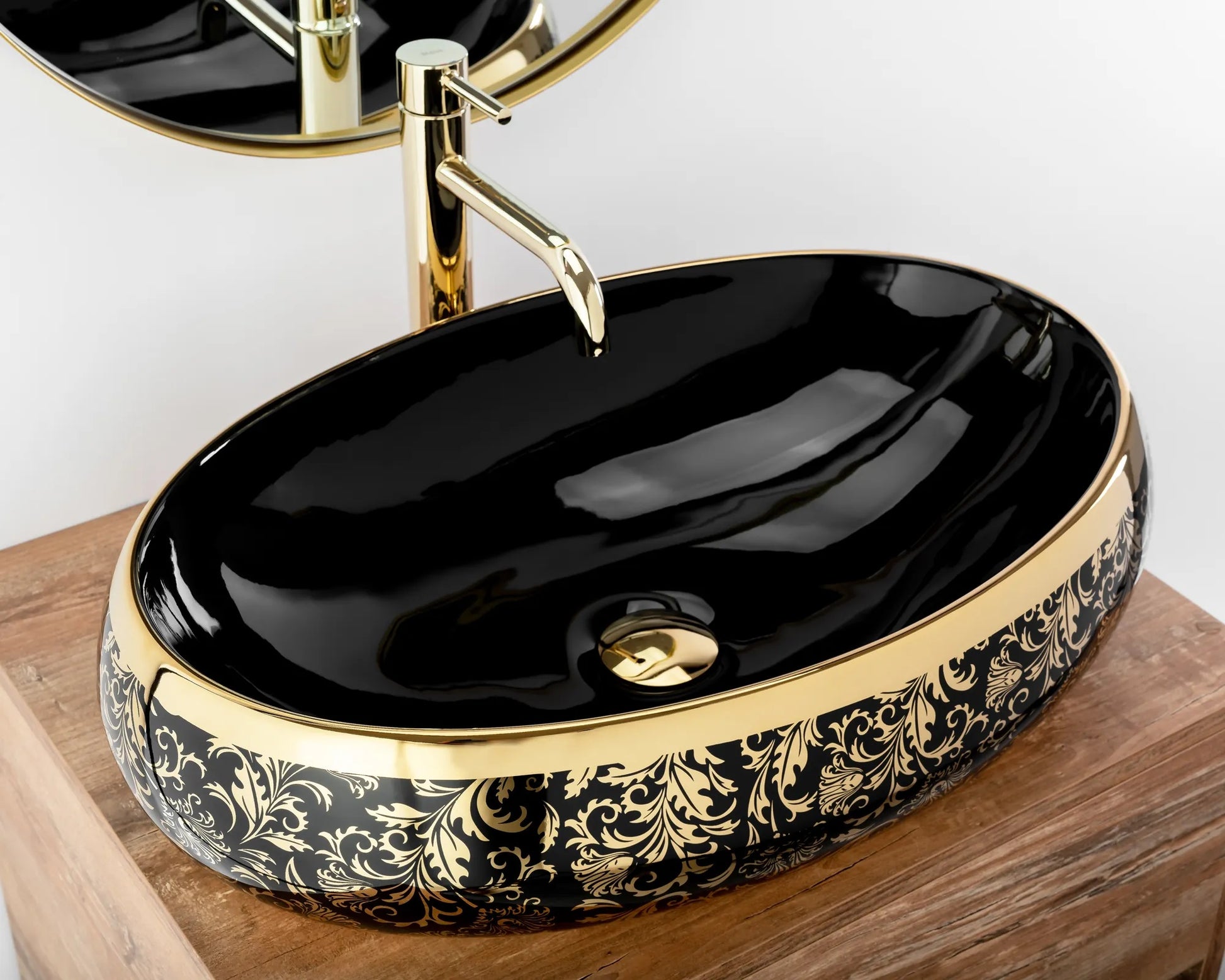 Умивалник за плот Meryl Black Gold 60х40,5 см. дизайнерски черен гланц с златни елементи за монтаж върху плот, онлайн магазин за обзавеждане KERANOVA