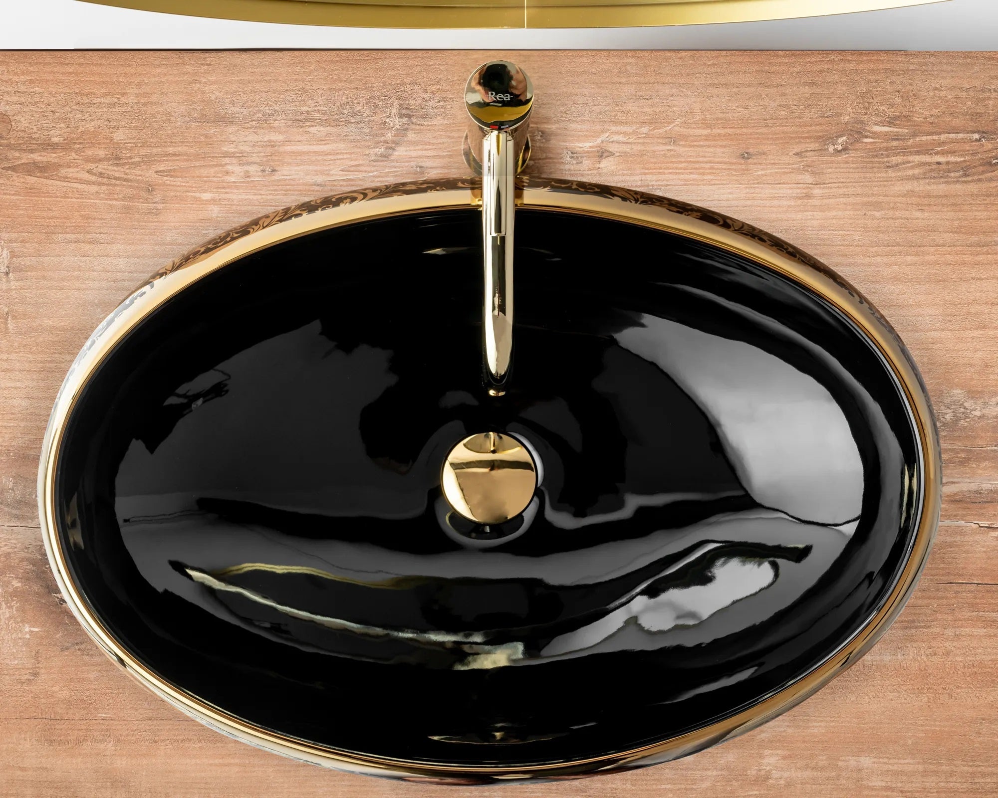 Умивалник за плот Meryl Black Gold 60х40,5 см. - дизайнерски черен гланцов вграден умивалник с златни елементи за онлайн магазин KERANOVA