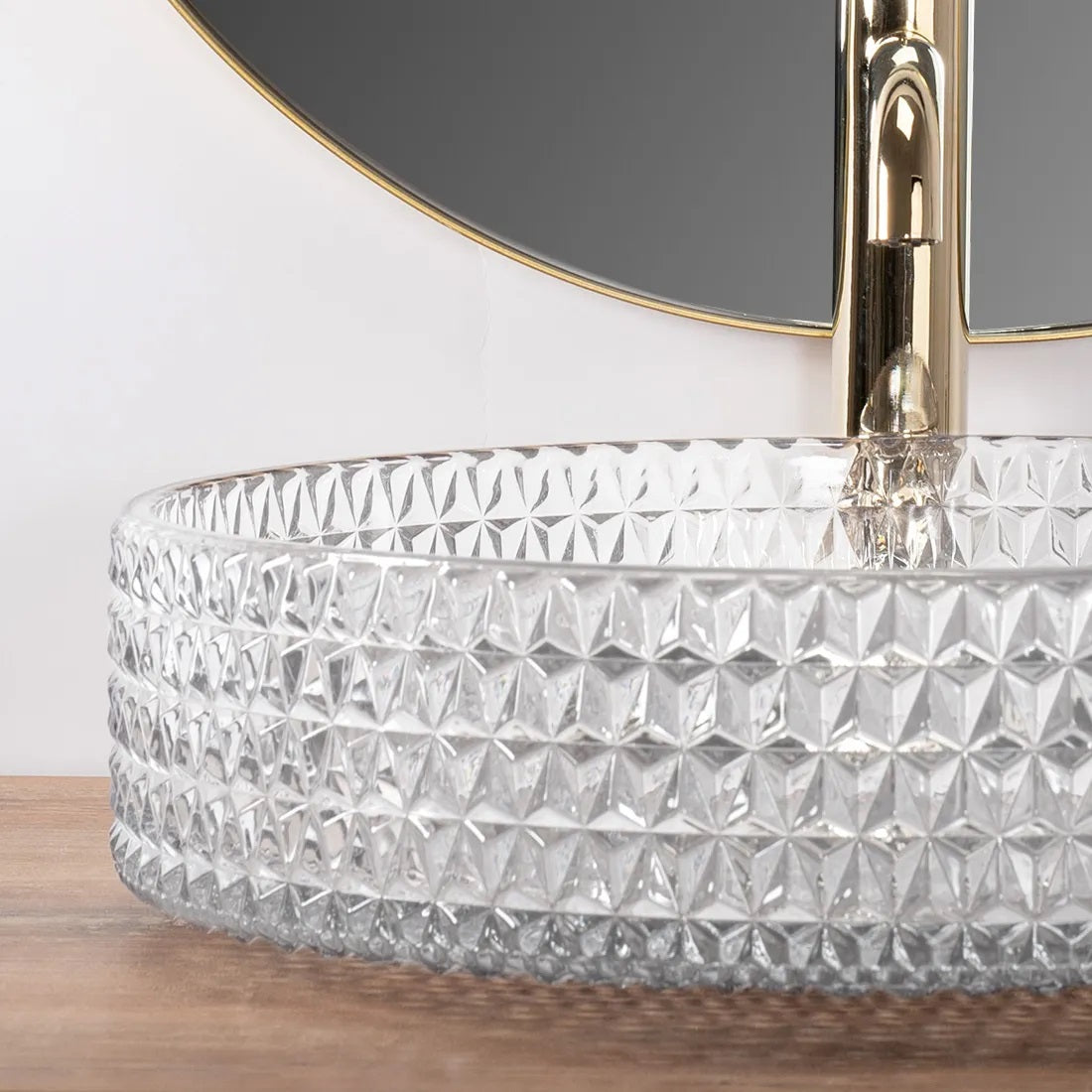 Стъклена мивка за плот Cristal Transparent Ф39 см. дизайнерски умивалник от стъкло за монтаж върху плот – онлайн магазин за обзавеждане за бани KERANOVA