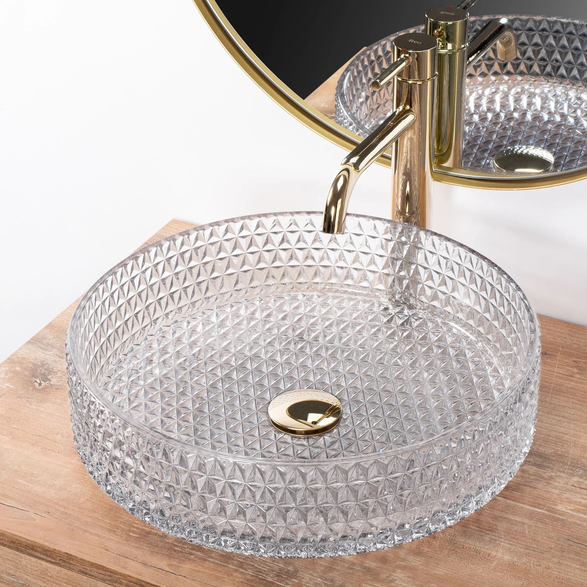 Стъклена мивка за плот Cristal Transparent Ф39 см. дизайнерски умивалник от стъкло върху плот, KERANOVA онлайн магазин