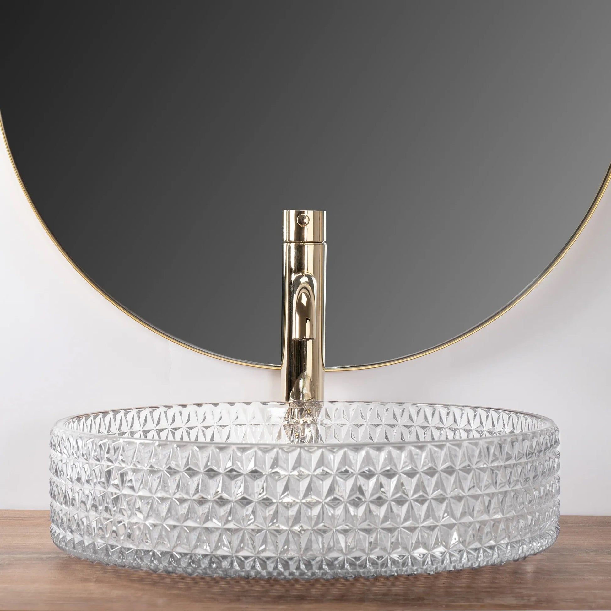 Стъклена мивка за плот Cristal Transparent Ф39 см. - дизайнерски умивалник от стъкло за монтаж върху плот, онлайн магазин за обзавеждане за бани KERANOVA