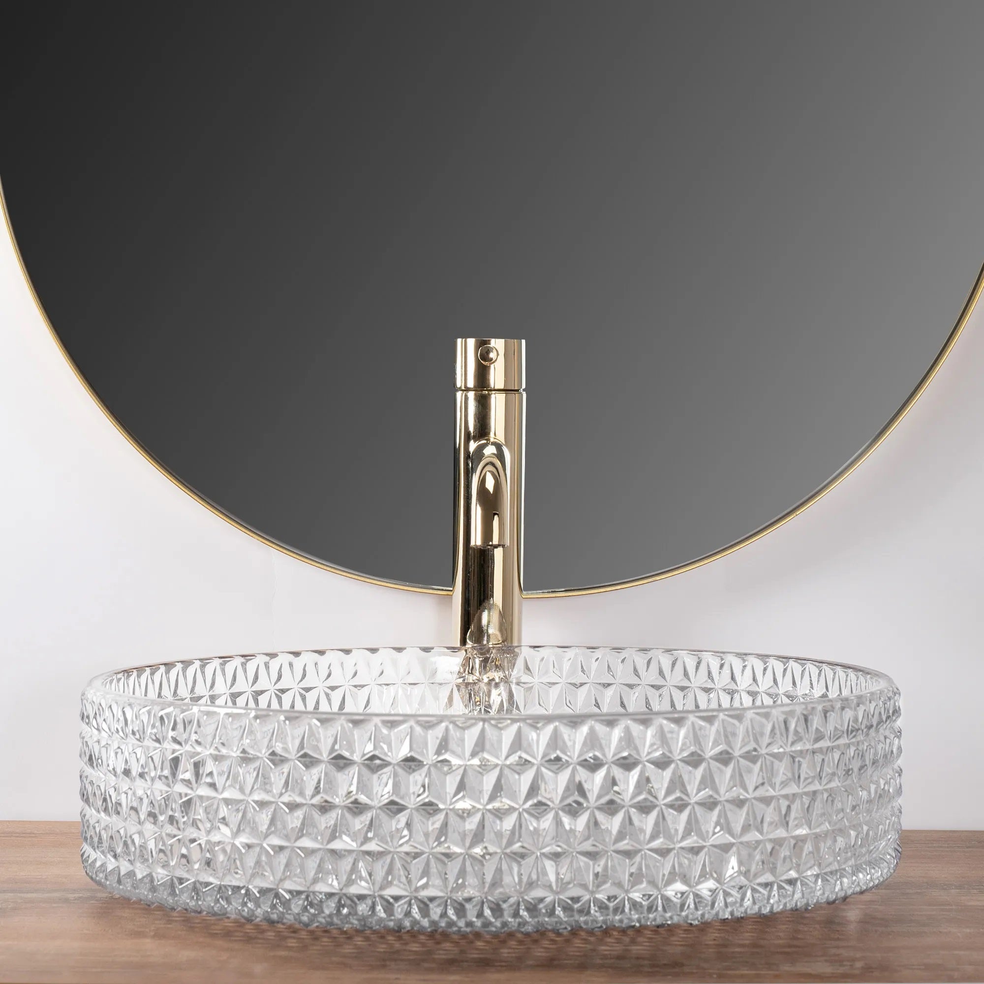 Стъклена мивка за плот Cristal Transparent Ф39 см. - дизайнерски умивалник от стъкло за монтаж върху плот, онлайн магазин за обзавеждане за бани KERANOVA