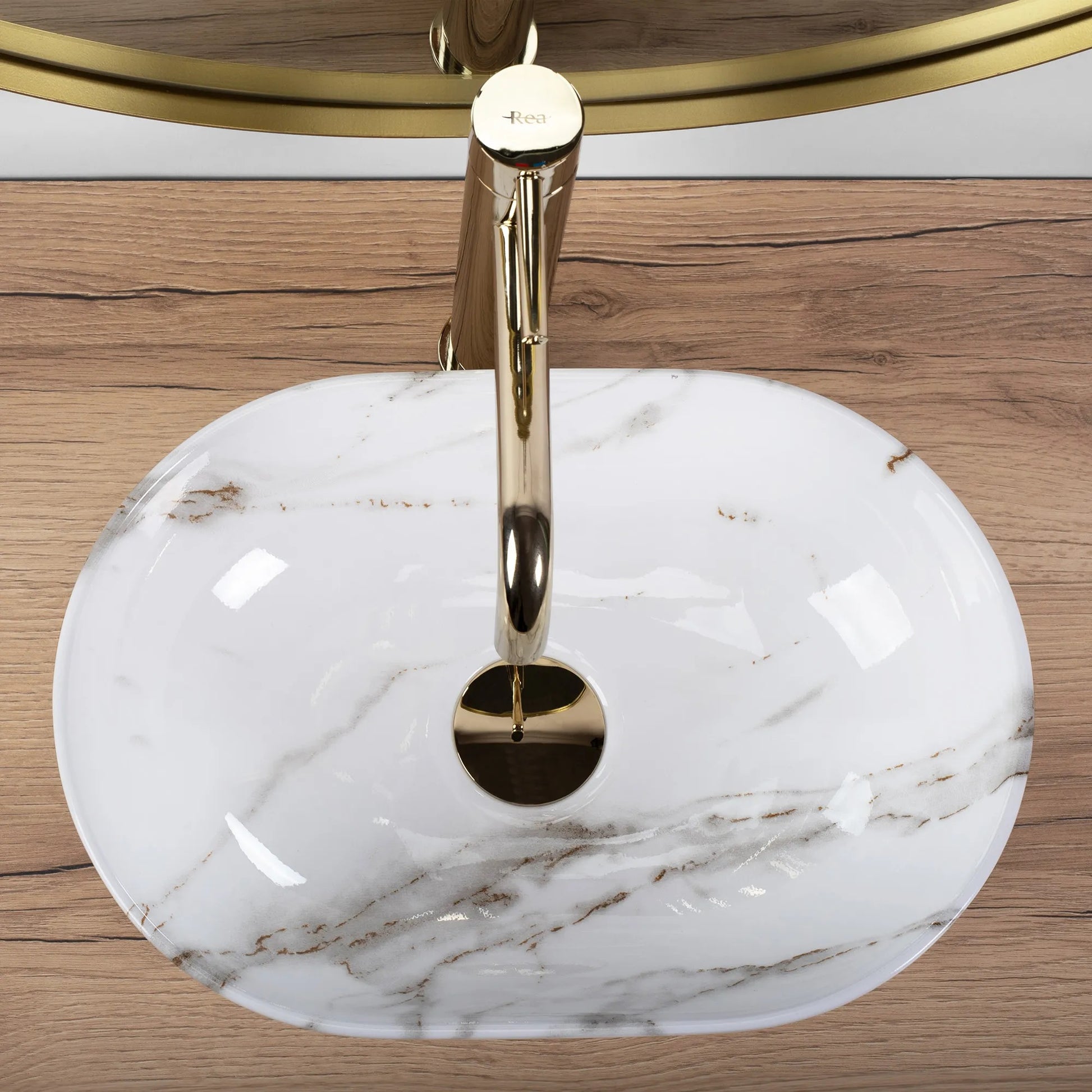 Умивалник за плот Amelia Mini Aiax Shiny 38х26 см. бял тънкостенен порцеланов умивалник с мраморна текстура за монтаж върху плот - KERANOVA