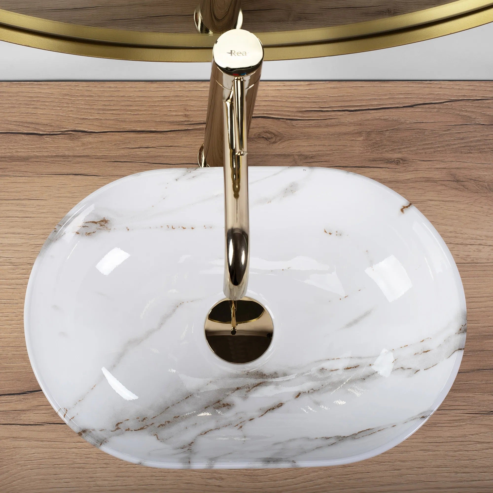 Умивалник за плот Amelia Mini Aiax Shiny 38х26 см. бял тънкостенен порцеланов умивалник с мраморна текстура за монтаж върху плот - KERANOVA