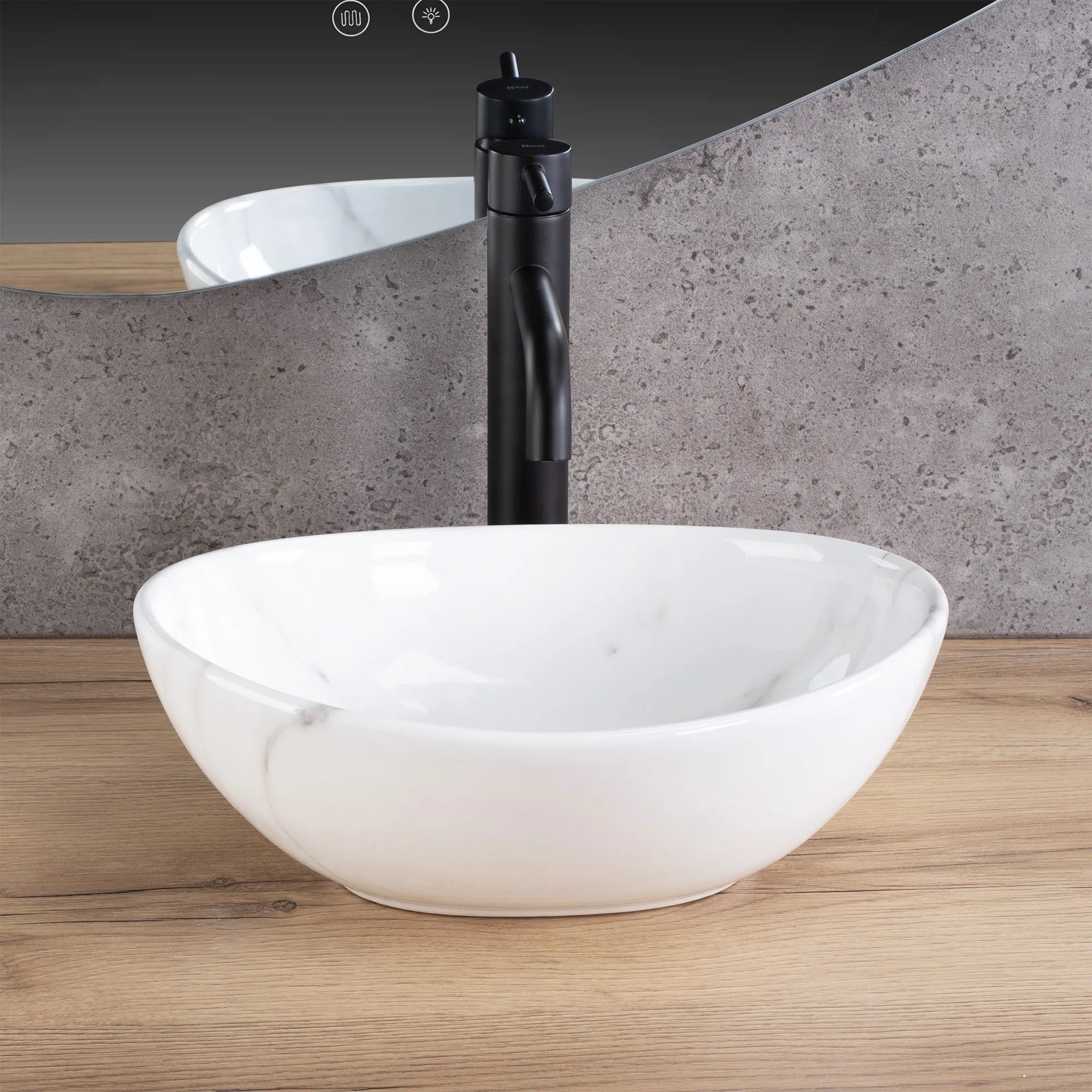 Умивалник за плот Sofia Mini Cloudy 36х27 см. порцеланова мивка Grigio с текстура камък, монтаж върху плот - онлайн магазин за обзавеждане за бани KERANOVA