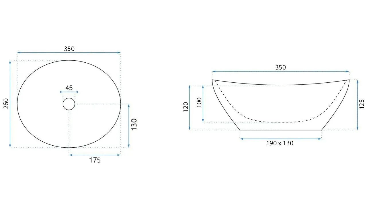 Умивалник за плот Sofia Mini Kashmir 35х26 см. диаграма с размери 350x260x125 мм за онлайн магазин KERANOVA
