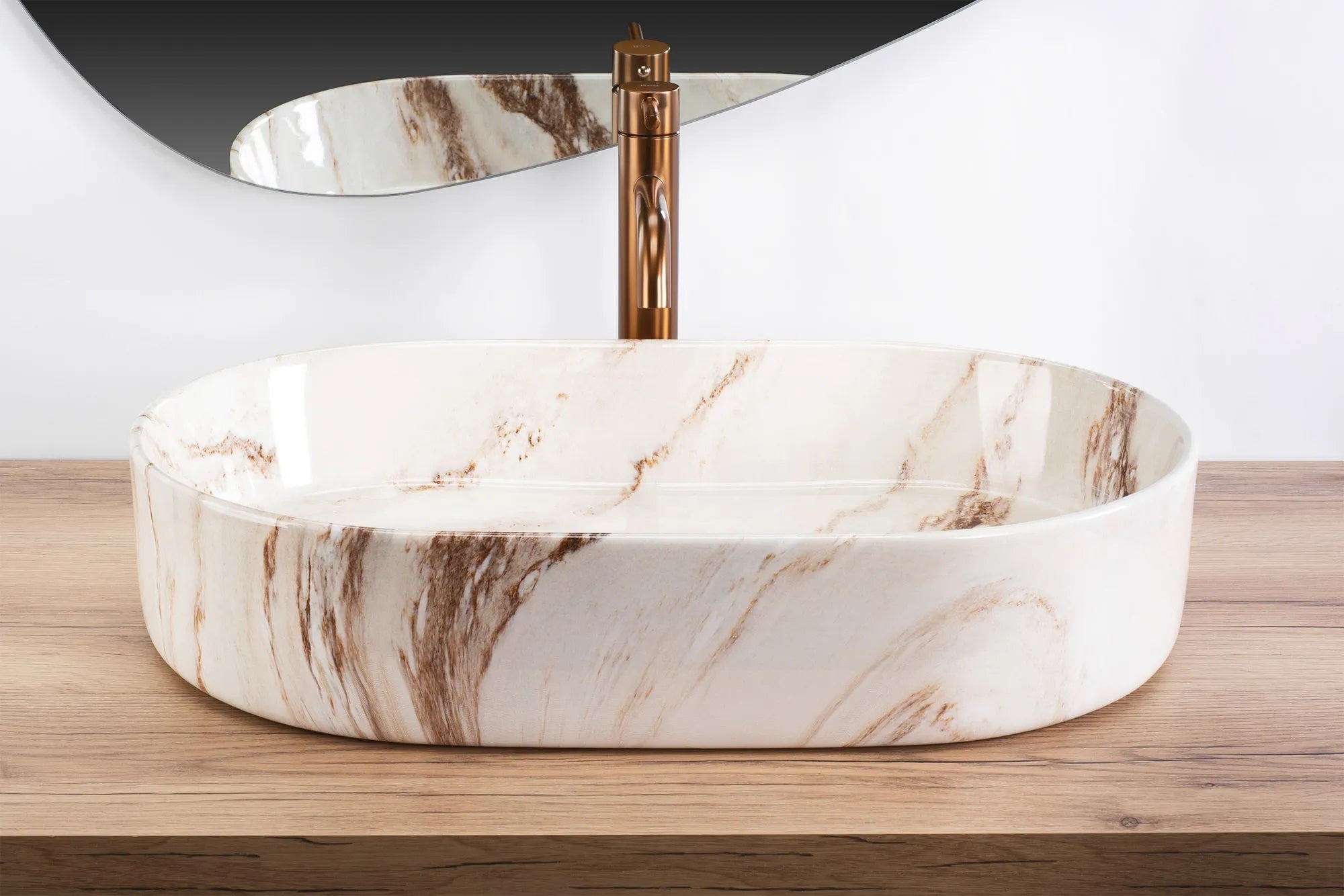 Умивалник за плот Nadia 60 Marrone 61х39 см. - дизайнерска мивка от санитарна керамика с декор естествен камък, KERANOVA онлайн магазин