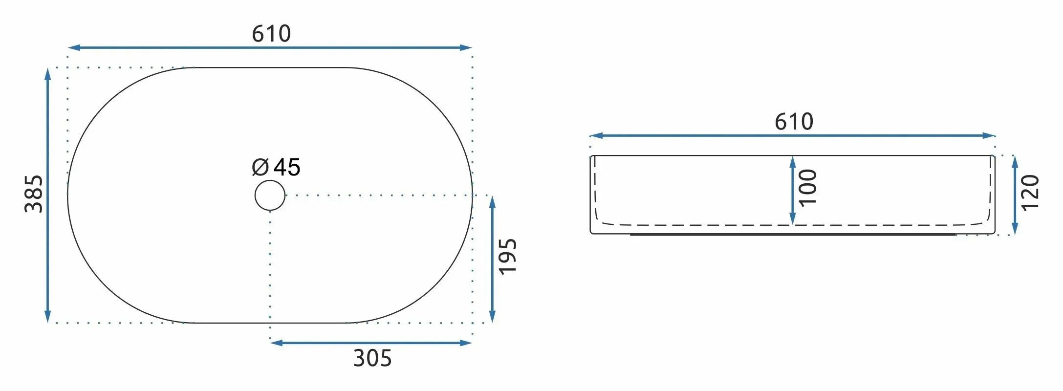 Умивалник за плот Nadia 60 Marrone 61х39 см. – технически чертеж с размери 610x385 мм и Ø45 мм отвор за качване в онлайн магазин KERANOVA