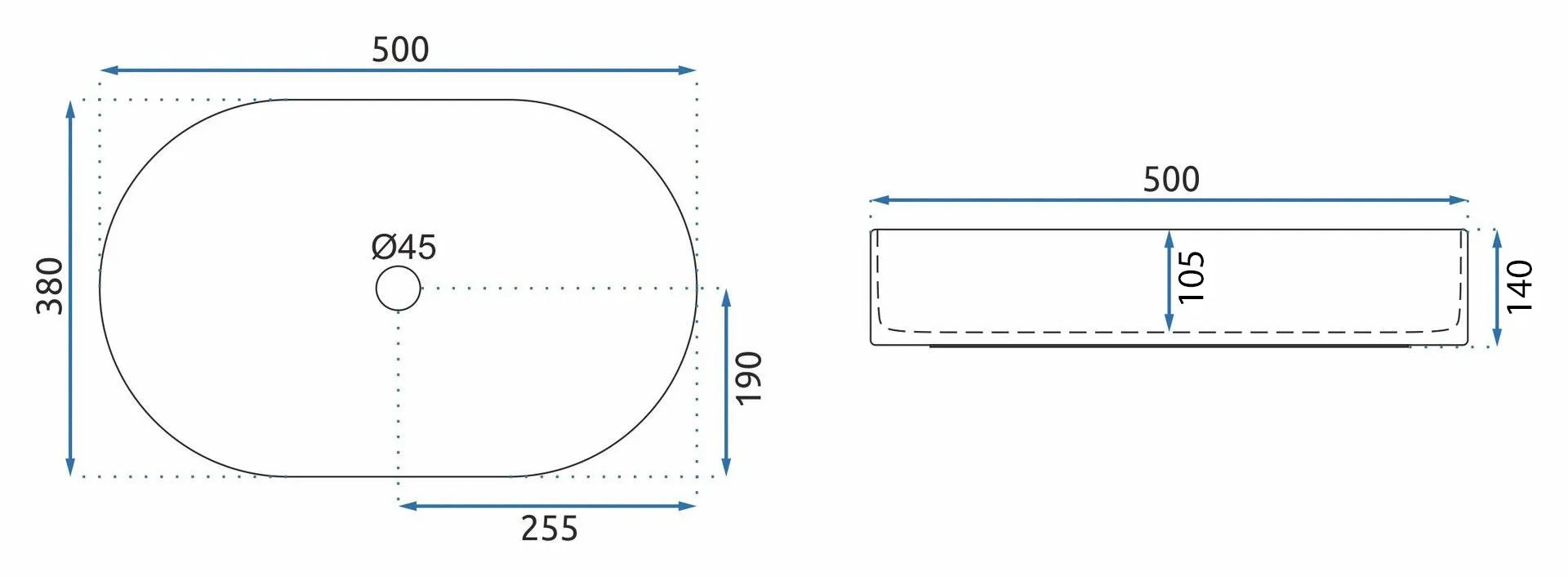 Умивалник за плот Nadia 50 Black Stone 50х38 см. - технически чертеж с размери 500x380x140 мм за онлайн магазин KERANOVA