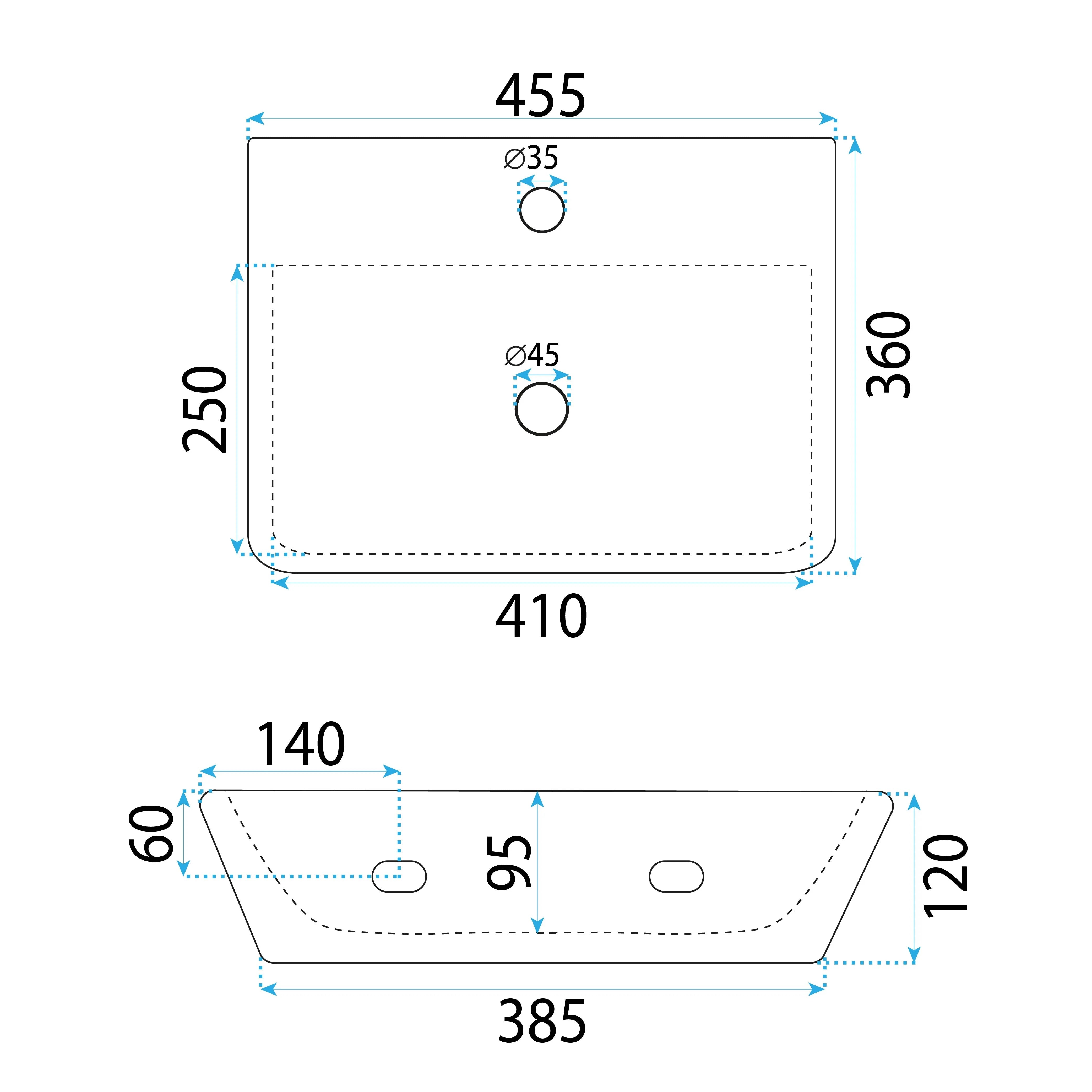 Alt Tag: Умивалник за плот Altea Cloudy 46х36 см. - технически чертеж с размери 455x360мм, Ø35 и Ø45 отвори, онлайн магазин KERANOVA