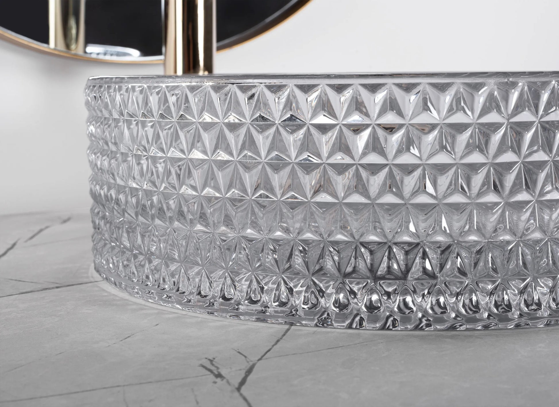 Стъклена мивка за плот Cristal Light Grey Ф36 см. – дизайнерски кръгъл умивалник от прозрачно текстурирано стъкло за монтаж върху плот, KERANOVA