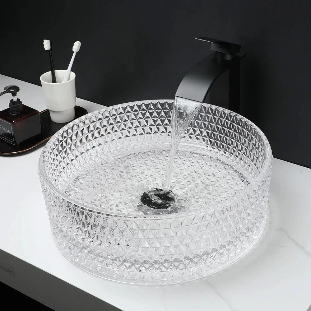 Стъклена мивка за плот Cristal Transparent Ф36 см. - дизайнерски кръгъл стъклен умивалник за монтаж върху плот, онлайн магазин KERANOVA