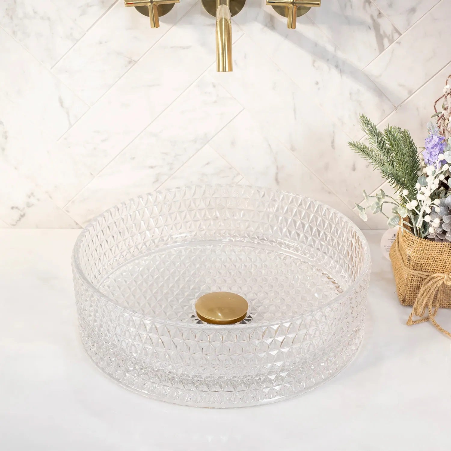 Стъклена мивка за плот Cristal Transparent Ф36 см. прозрачен дизайнерски умивалник за плот, онлайн магазин за обзавеждане за бани KERANOVA