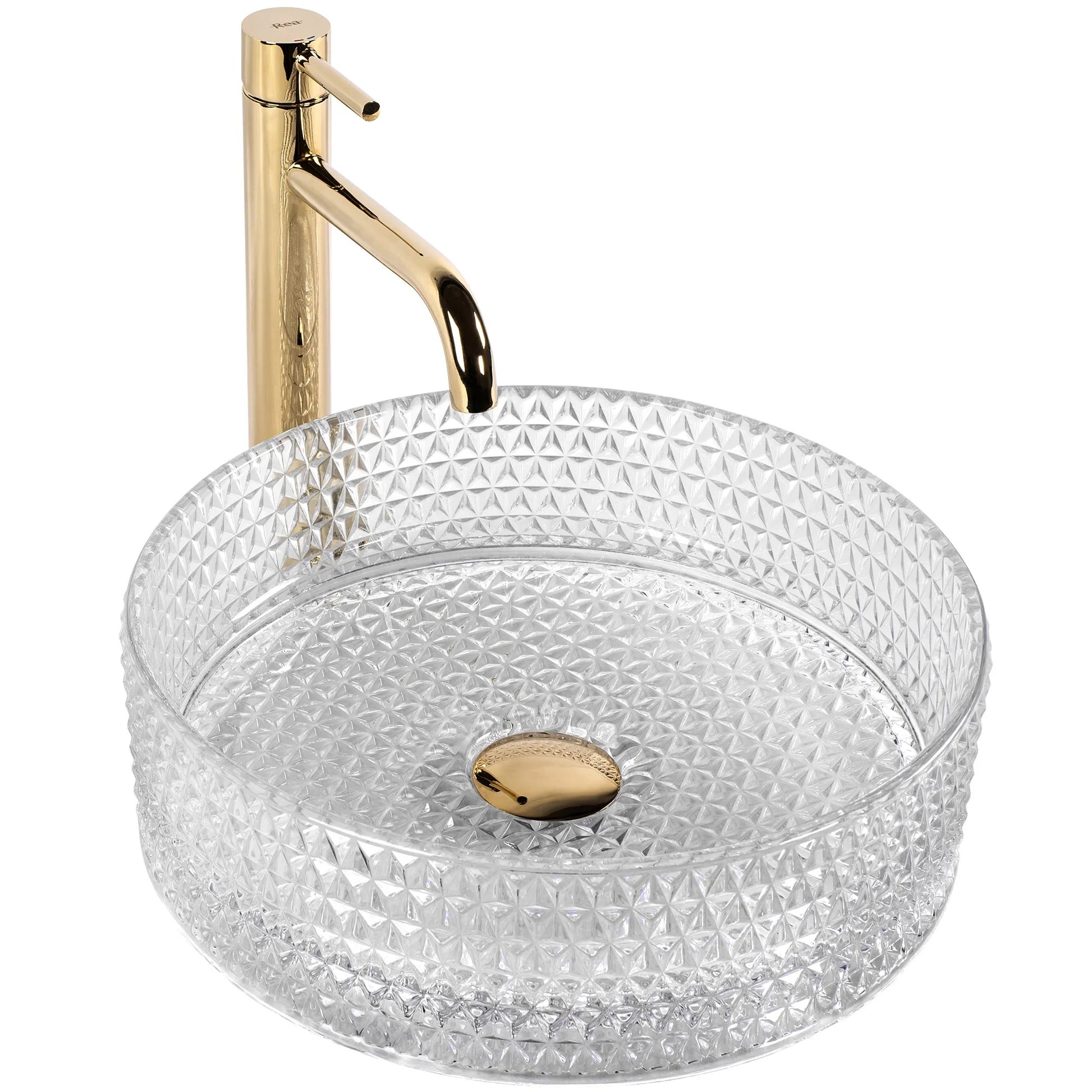Стъклена мивка за плот Cristal Transparent Ф36 см. дизайнерски умивалник от стъкло за монтаж върху плот – онлайн магазин за обзавеждане за бани KERANOVA