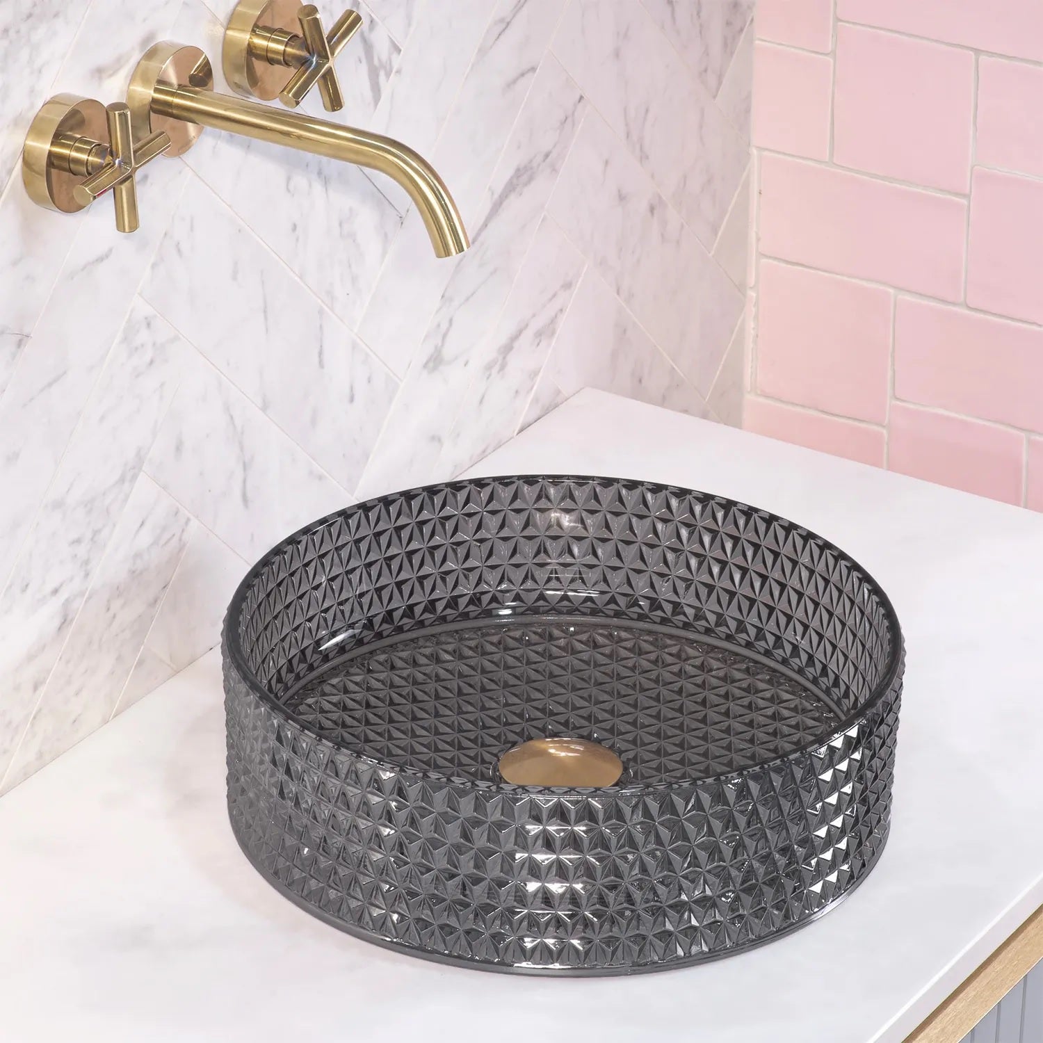 Стъклена мивка за плот Cristal Black Ф35,5 см. - дизайнерски кръгъл стъклен умивалник за монтаж върху плот, KERANOVA онлайн магазин