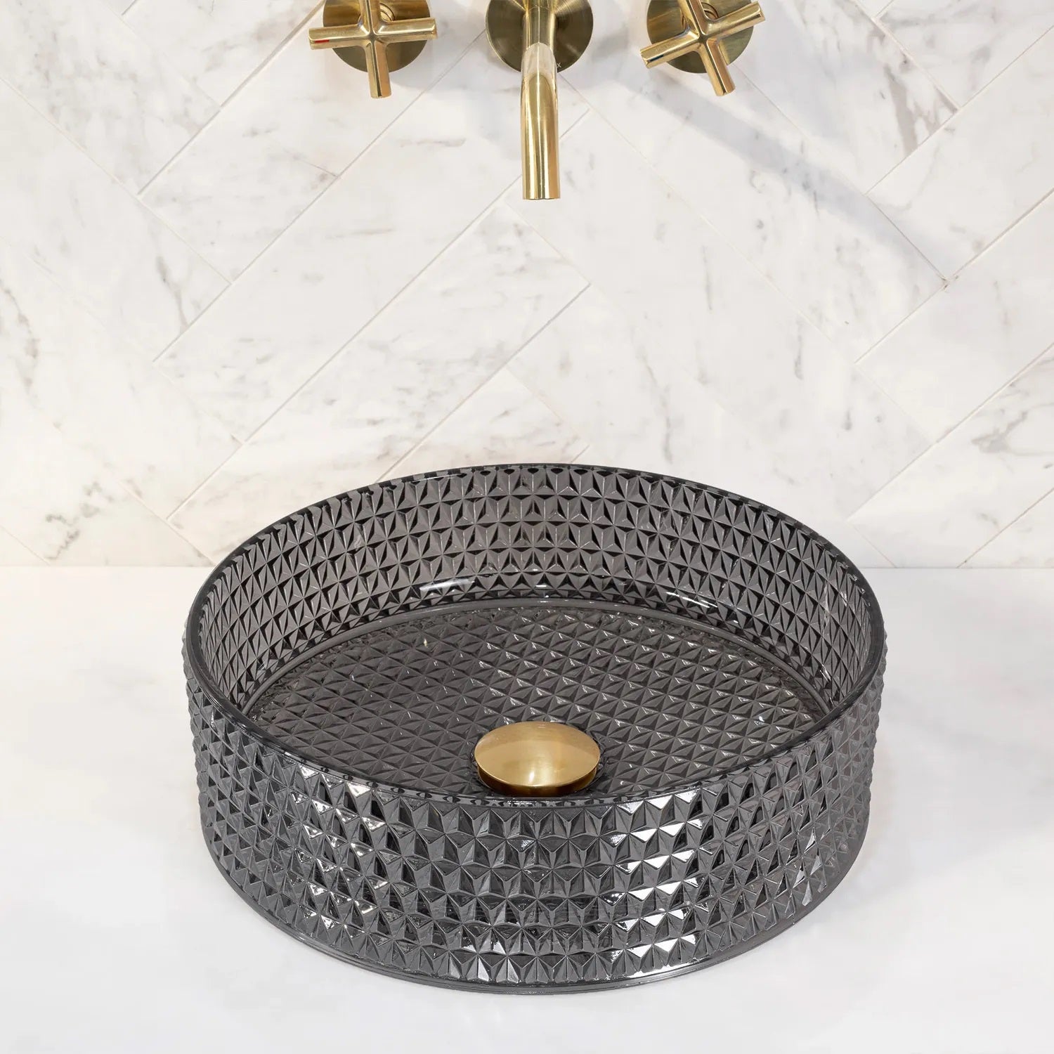 Стъклена мивка за плот Cristal Black Ф35,5 см. - дизайнерски стъклен умивалник на плот, тъмно черен релефен модел, онлайн магазин за обзавеждане за бани KERANOVA
