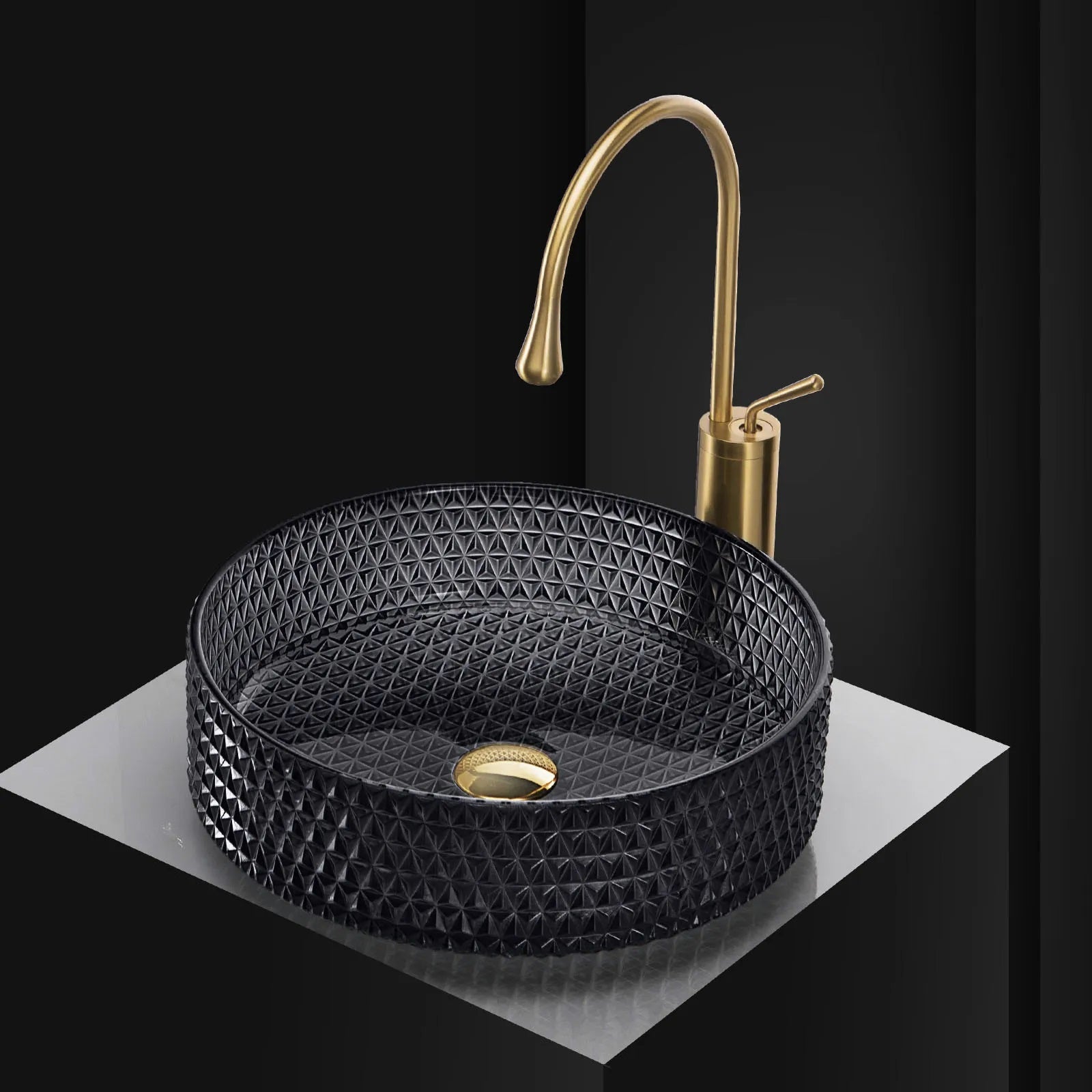 Стъклена мивка за плот Cristal Black Ф35,5 см. - дизайнерски черен стъклен умивалник за монтаж върху плот, онлайн магазин KERANOVA