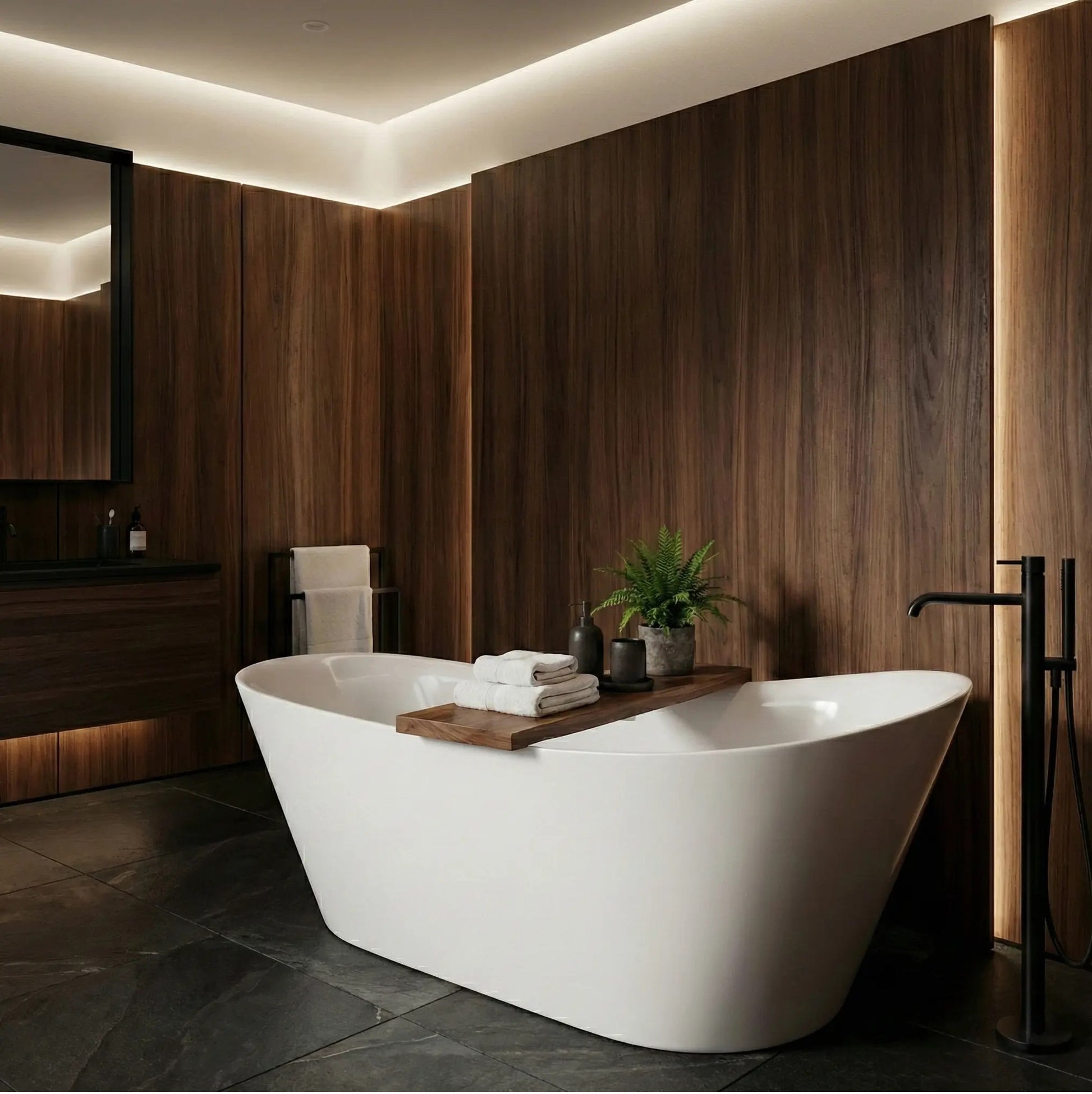 Свободностояща вана Lusso Slim 170x74 см. в модерна баня с дървена облицовка, смесители и плочки за баня