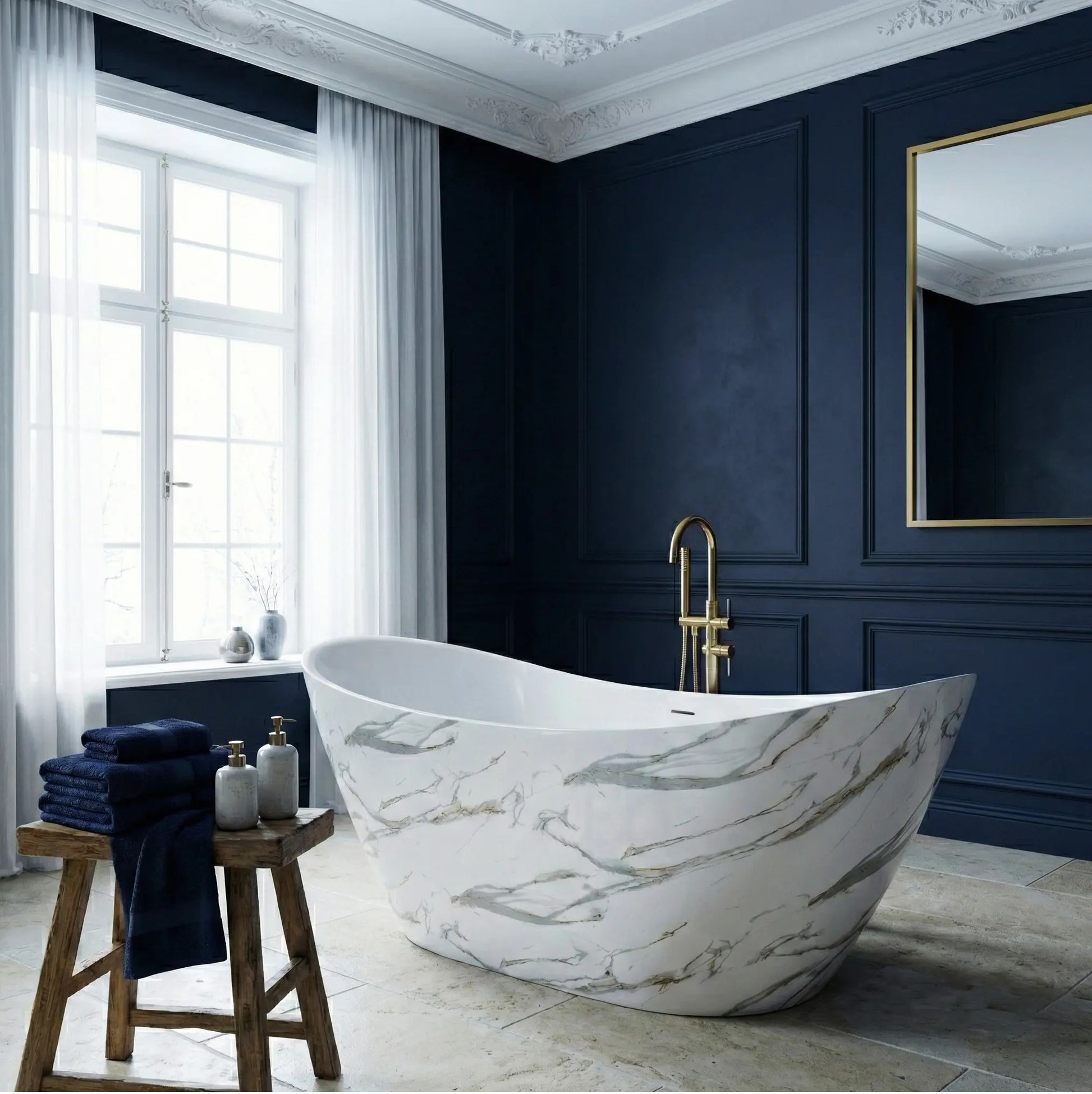 Alt Tag: Свободностояща вана Ferrano Slim Nature 170x73 см. с мраморен ефект в луксозна баня, мебели за баня, огледало за баня