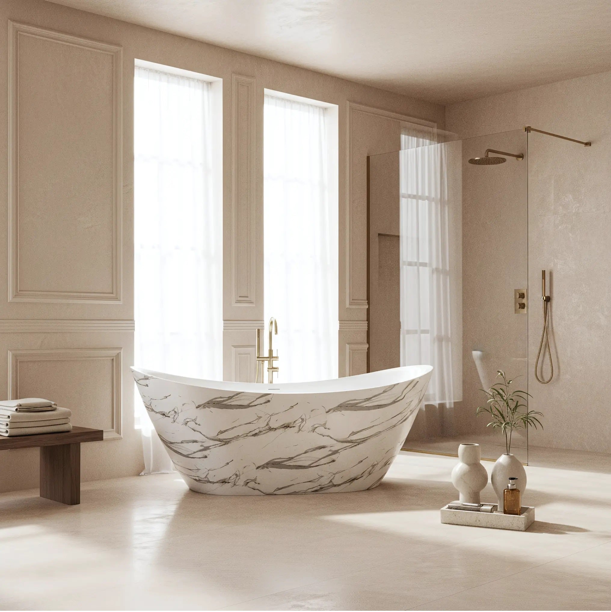 Свободностояща вана Ferrano Slim Nature 170x73 см. с мраморен ефект в модерна баня, до душ параван и смесители