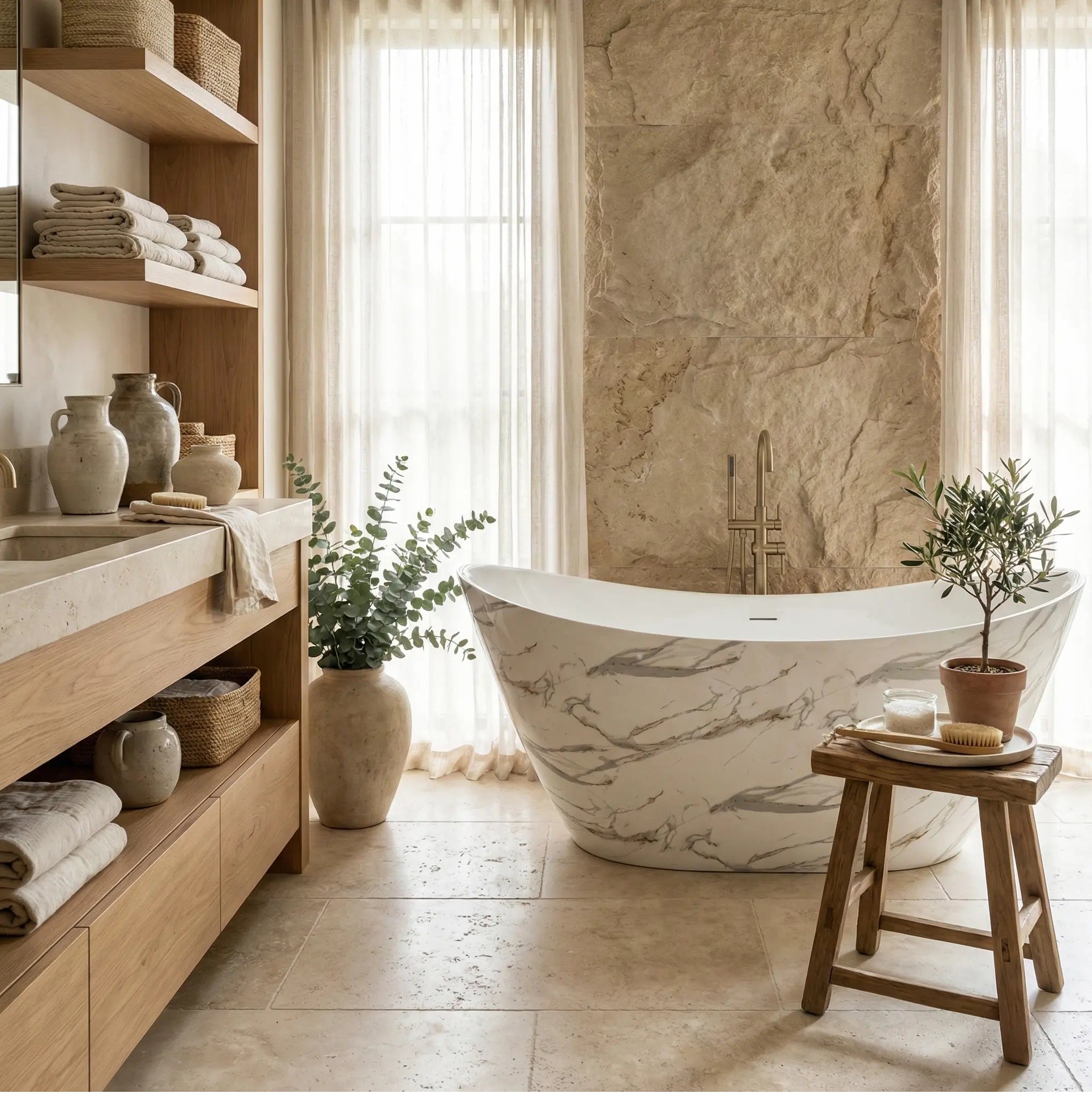 Свободностояща вана Ferrano Slim Nature 170x73 см. с мраморен ефект в луксозна баня, мебели за баня и аксесоари за баня