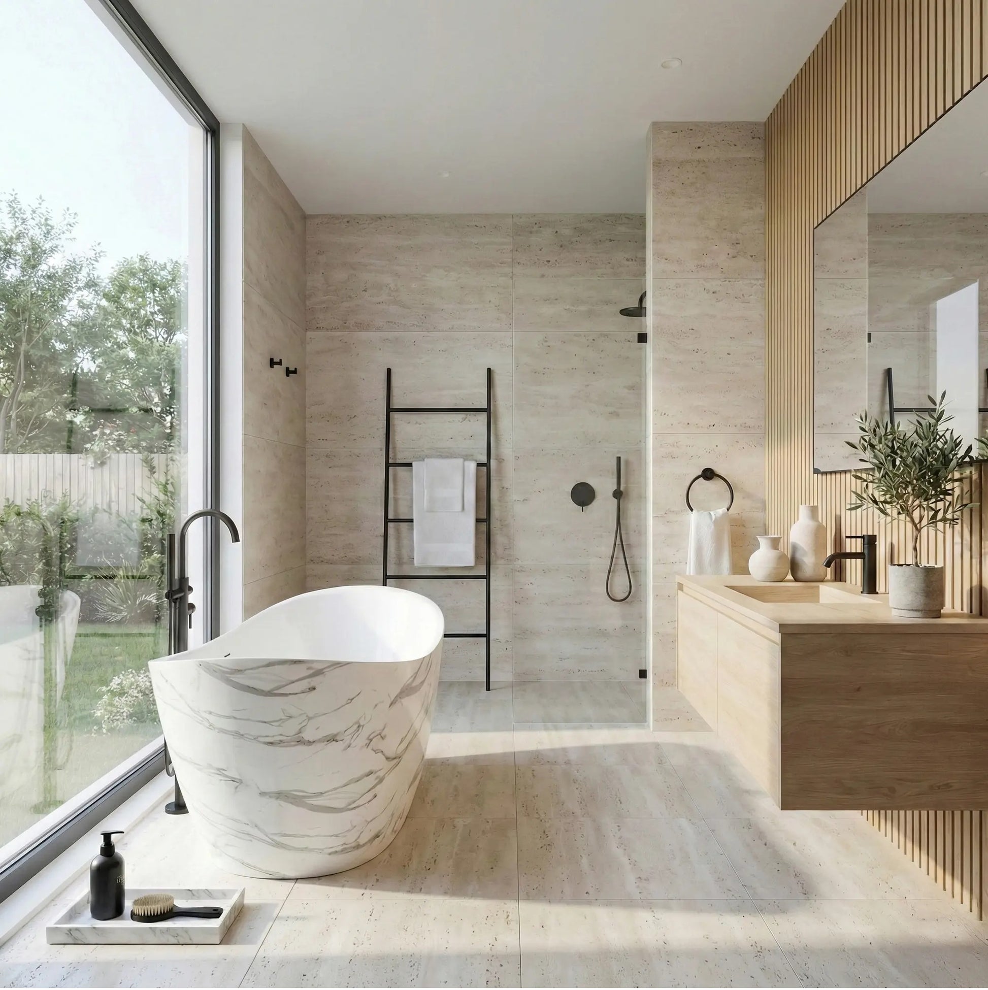 Свободностояща вана Ferrano Slim Nature 170x73 см. в модерна баня с мраморен ефект, мебели за баня и смесители