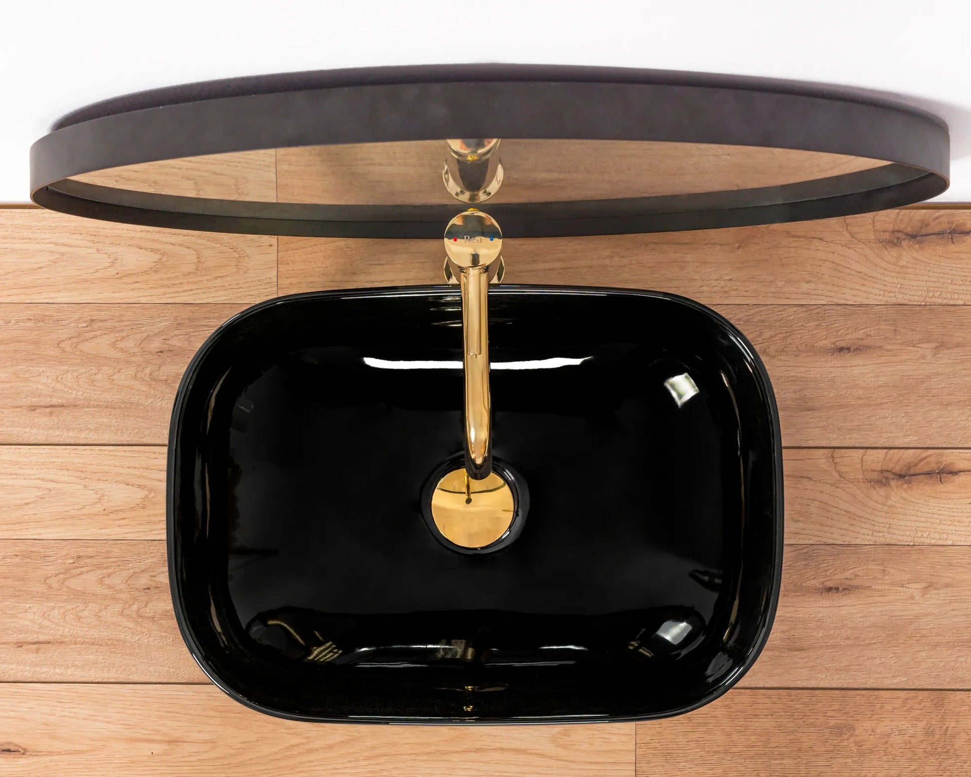 Умивалник за плот REA BELINDA BLACK - черен гланц на плот, дизайнерски черен блестящ умивалник с месингов смесител - KERANOVA онлайн магазин