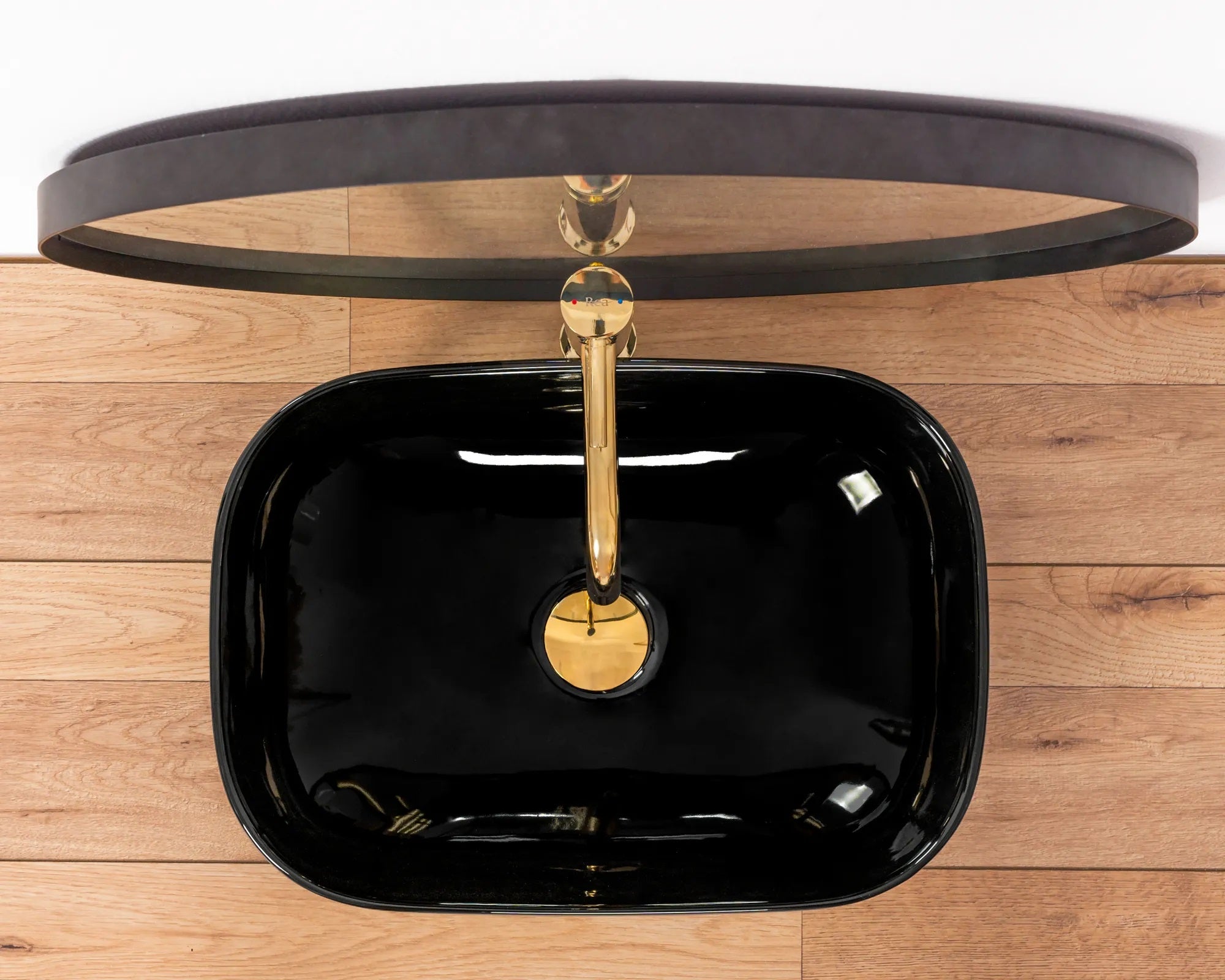 Умивалник за плот REA BELINDA BLACK - черен гланц на плот, дизайнерски черен блестящ умивалник с месингов смесител - KERANOVA онлайн магазин