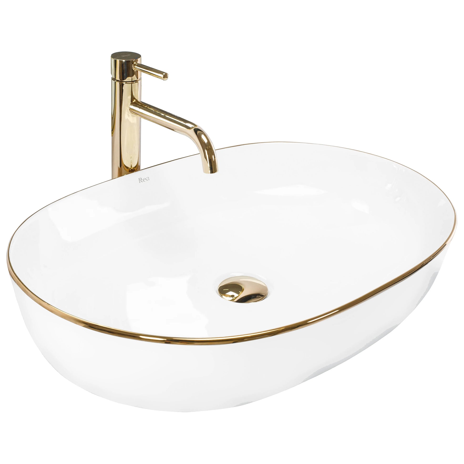 Умивалник за плот REA CLEO WHITE GOLD EDGE бял порцеланов умивалник със златен кант за плот, онлайн магазин за обзавеждане за бани KERANOVA
