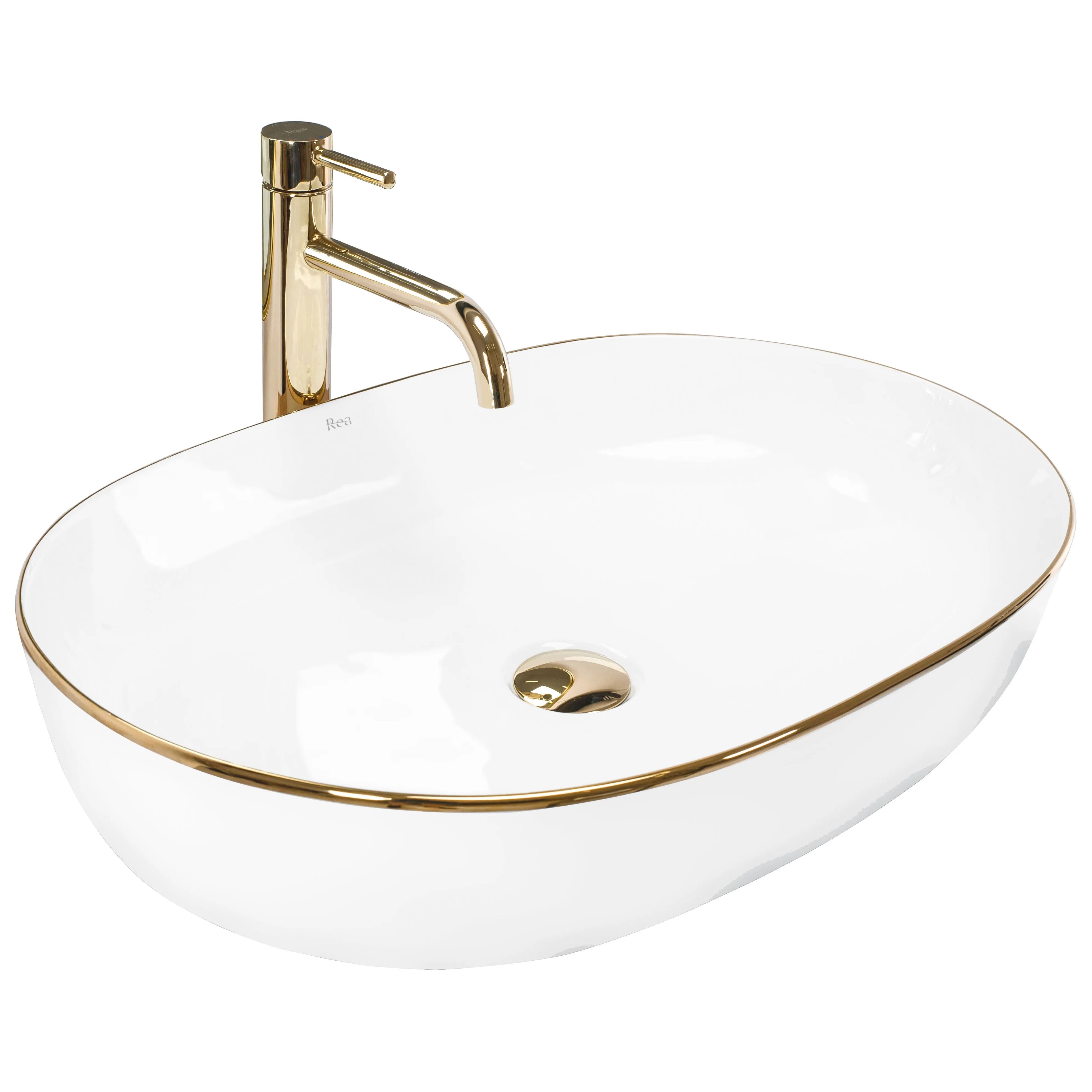 Умивалник за плот REA CLEO WHITE GOLD EDGE бял порцеланов умивалник със златен кант за плот, онлайн магазин за обзавеждане за бани KERANOVA