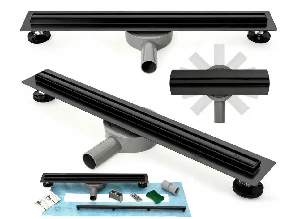 Neo Slim Pro Black 60, 70, 80, 90 и 100 см. - линеен сифон за баня в черен мат, тънка декоративна решетка за онлайн магазин KERANOVA