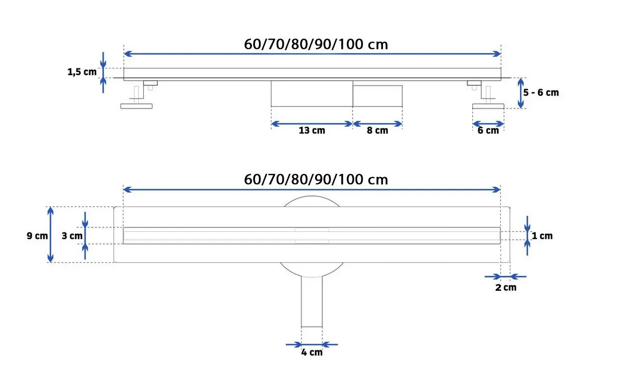 Neo Slim Pro Black 60, 70, 80, 90 и 100 см. линeен сифон Rea Neo Slim Pro Black с размери и технически чертеж за монтаж - онлайн магазин KERANOVA