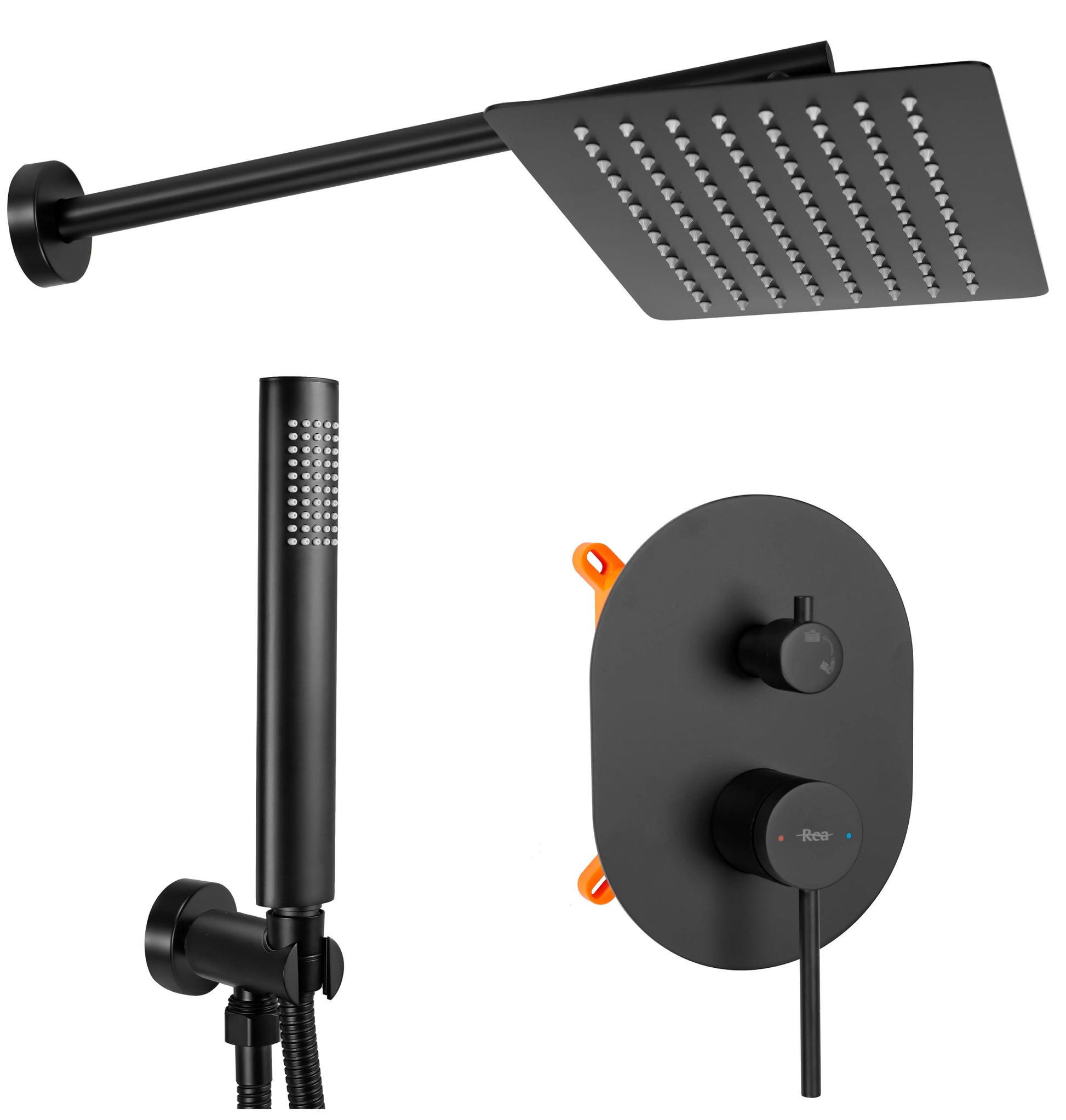 Комплект Oval Black черен мат вграден душ система с квадратно таванно рамо, ръчен душ и вграден смесител - KERANOVA