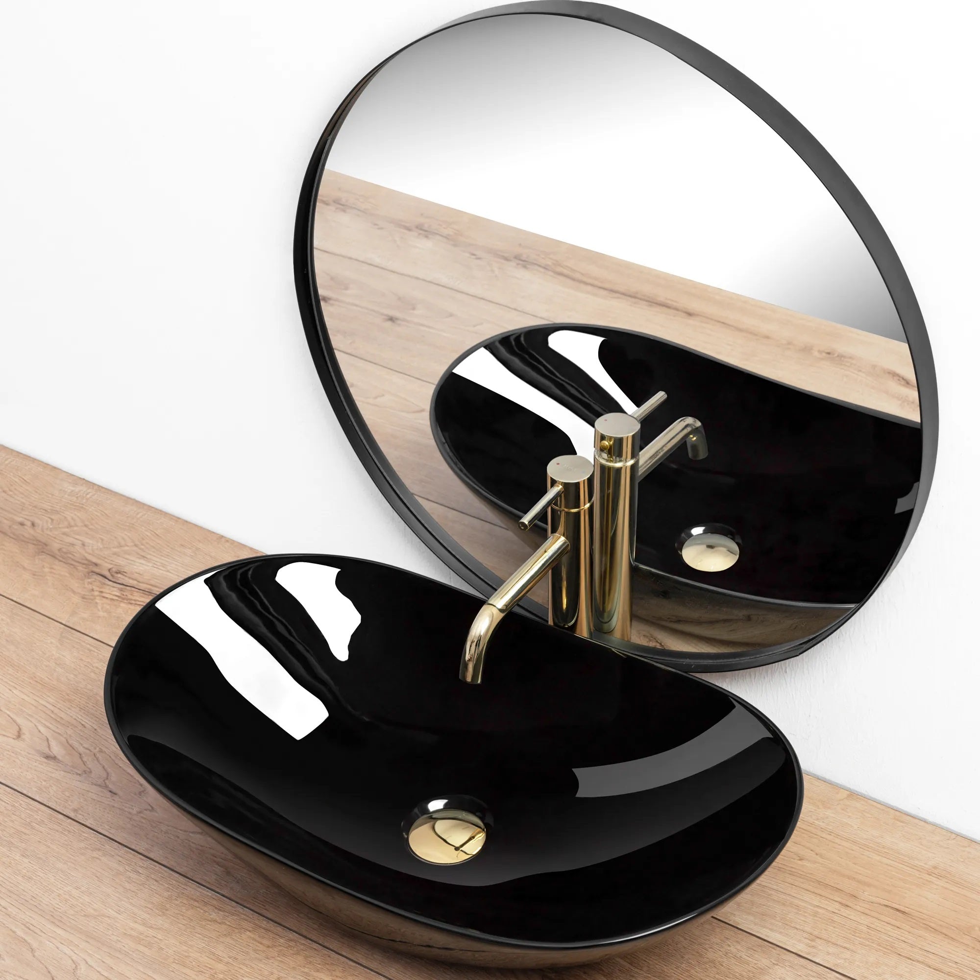 Умивалник за плот REA ROYAL 60 BLACK - черен гланц на плот с модерен смесител и огледало, онлайн магазин за обзавеждане за бани KERANOVA