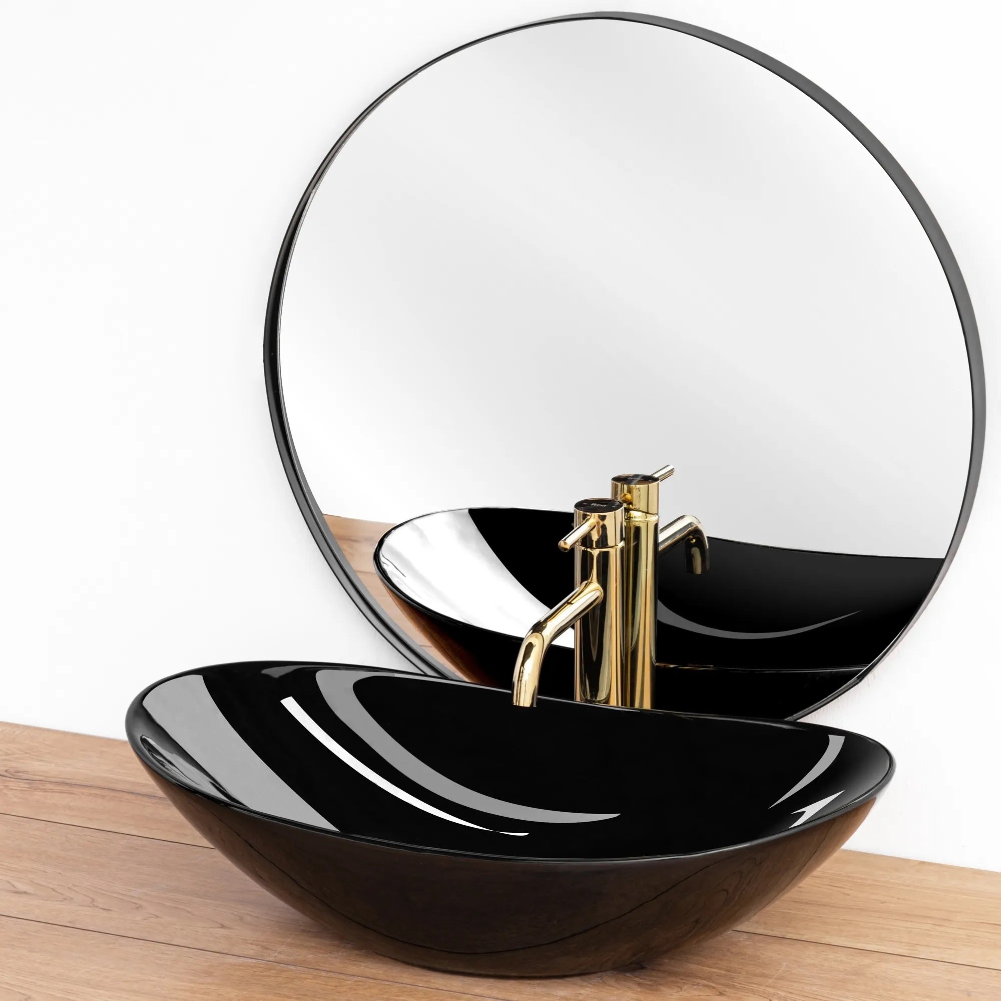 Умивалник за плот REA ROYAL 60 BLACK - черен гланц на плот, дизайнерски кръгъл черен гланцов умивалник в онлайн магазин за обзавеждане за бани KERANOVA