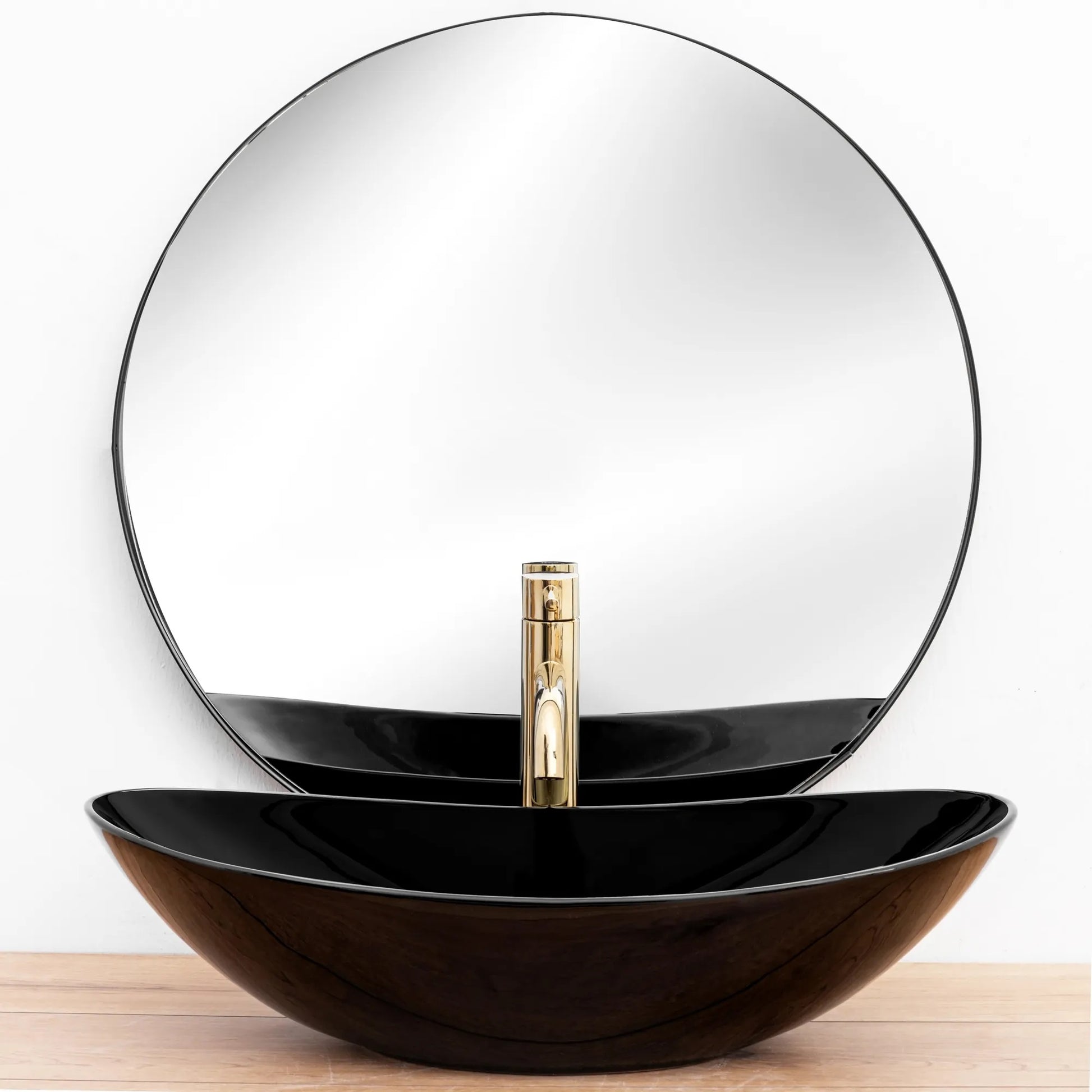 Умивалник за плот REA ROYAL 60 BLACK - черен гланц на плот, дизайнерски черен гланцов кръгъл умивалник с душ батерия, онлайн магазин KERANOVA