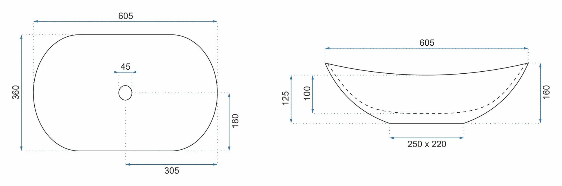 Умивалник за плот REA ROYAL 60 BLACK - черен гланц, схематичен технически чертеж с размери 60,5x36x16 см за онлайн магазин KERANOVA