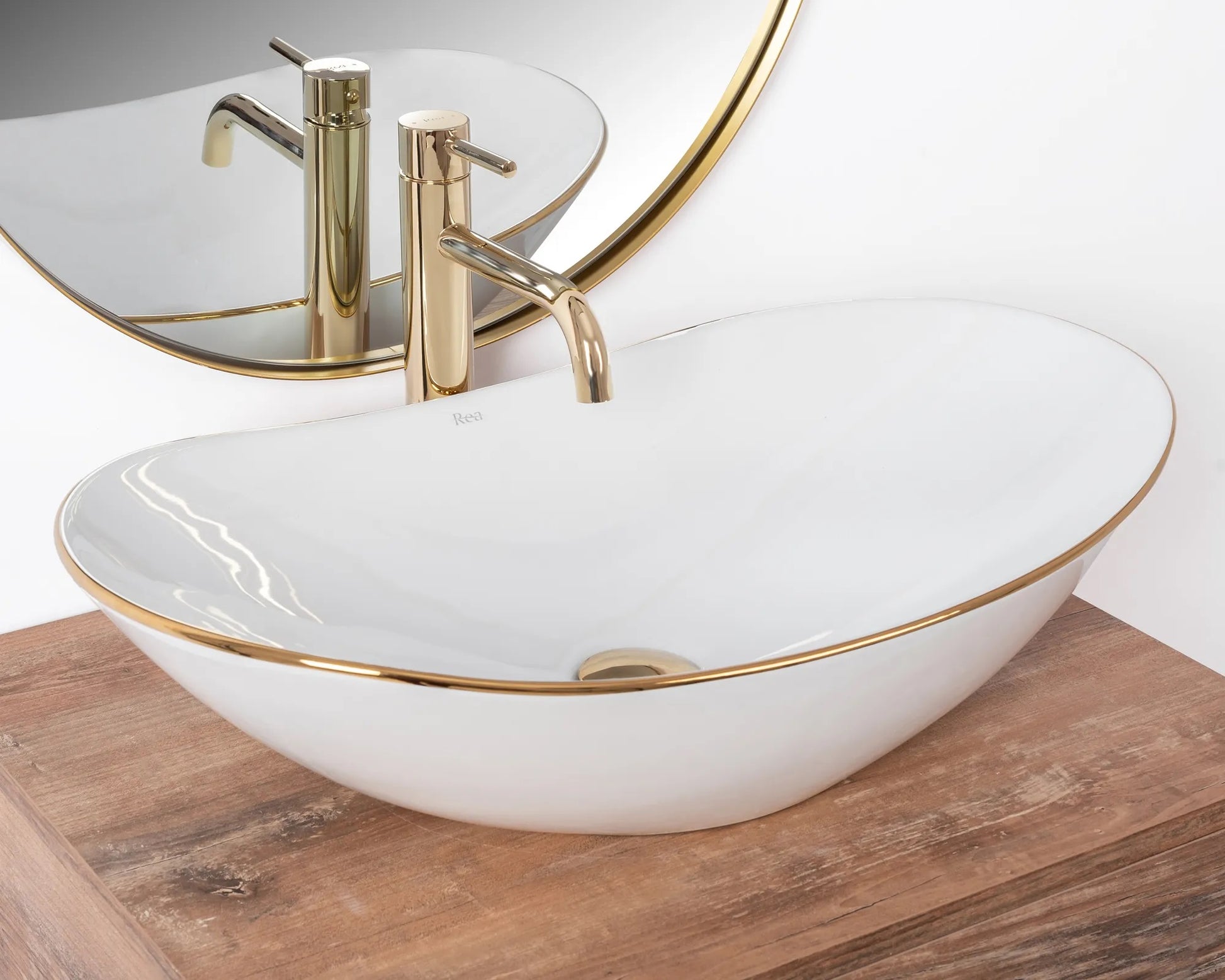 Умивалник за плот REA ROYAL GOLD EDGE - снежнобяла порцеланова мивка с тънък златен кант за монтаж върху плот, онлайн магазин KERANOVA
