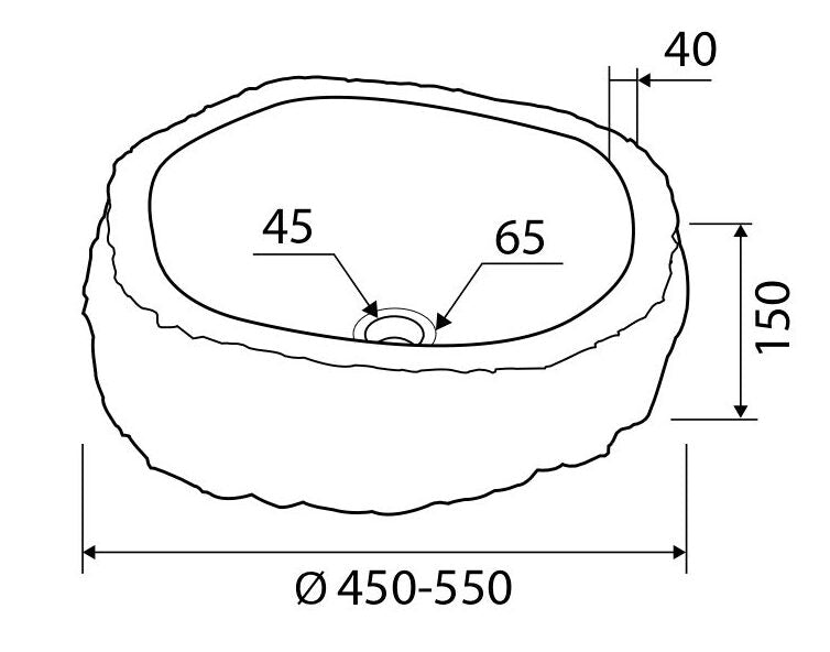 Каменна мивка River Stone NRS3 Ф50-55 см. с неравни ръбове, размер Ø450-550 мм, височина 150 мм – онлайн магазин за обзавеждане за бани KERANOVA