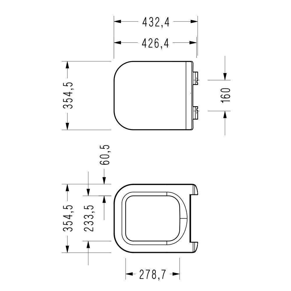 Конзолна тоалетна RT26 Rimless - вградено биде и смесител, технически чертеж с размери.