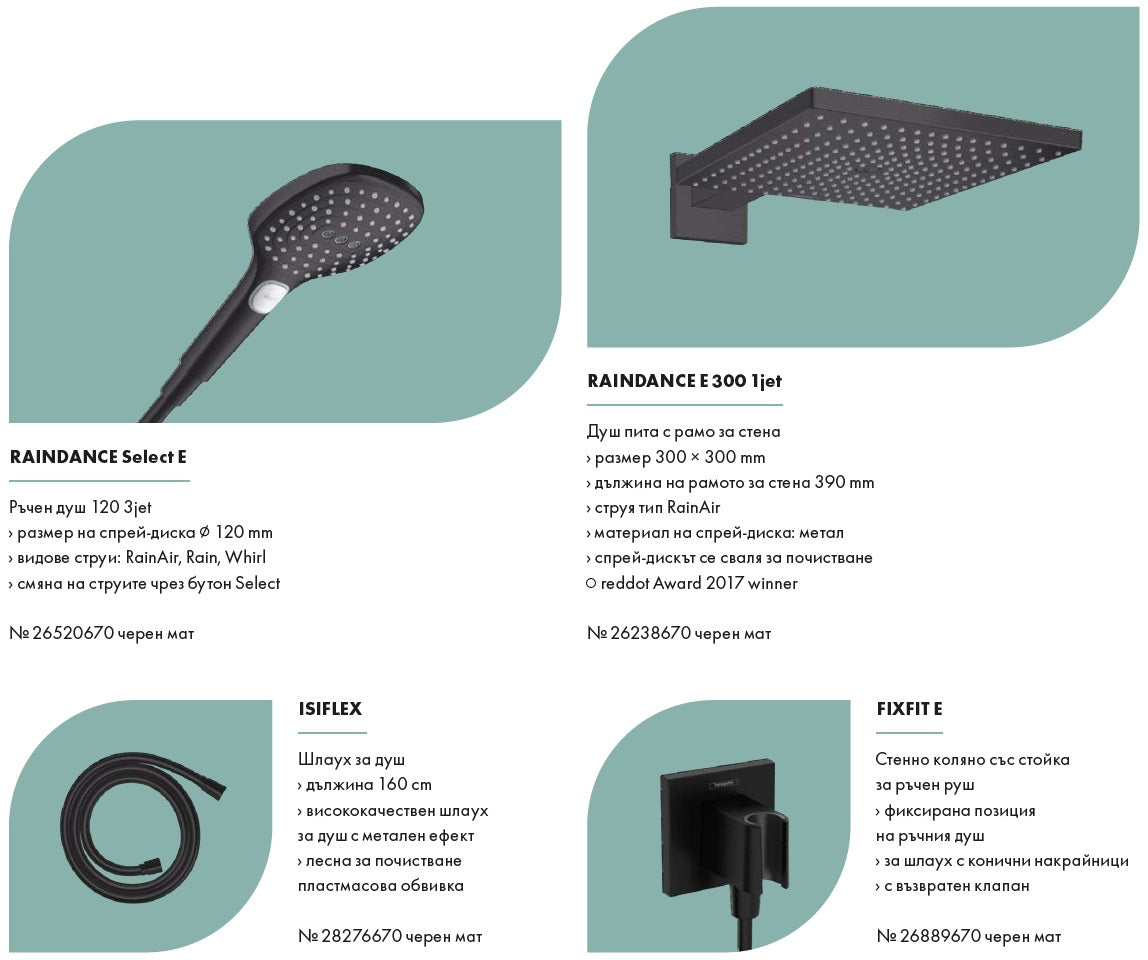 Hansgrohe Raindance E + Duoturn E matt black ръчен и стенен душ комплект за баня KERANOVA промо